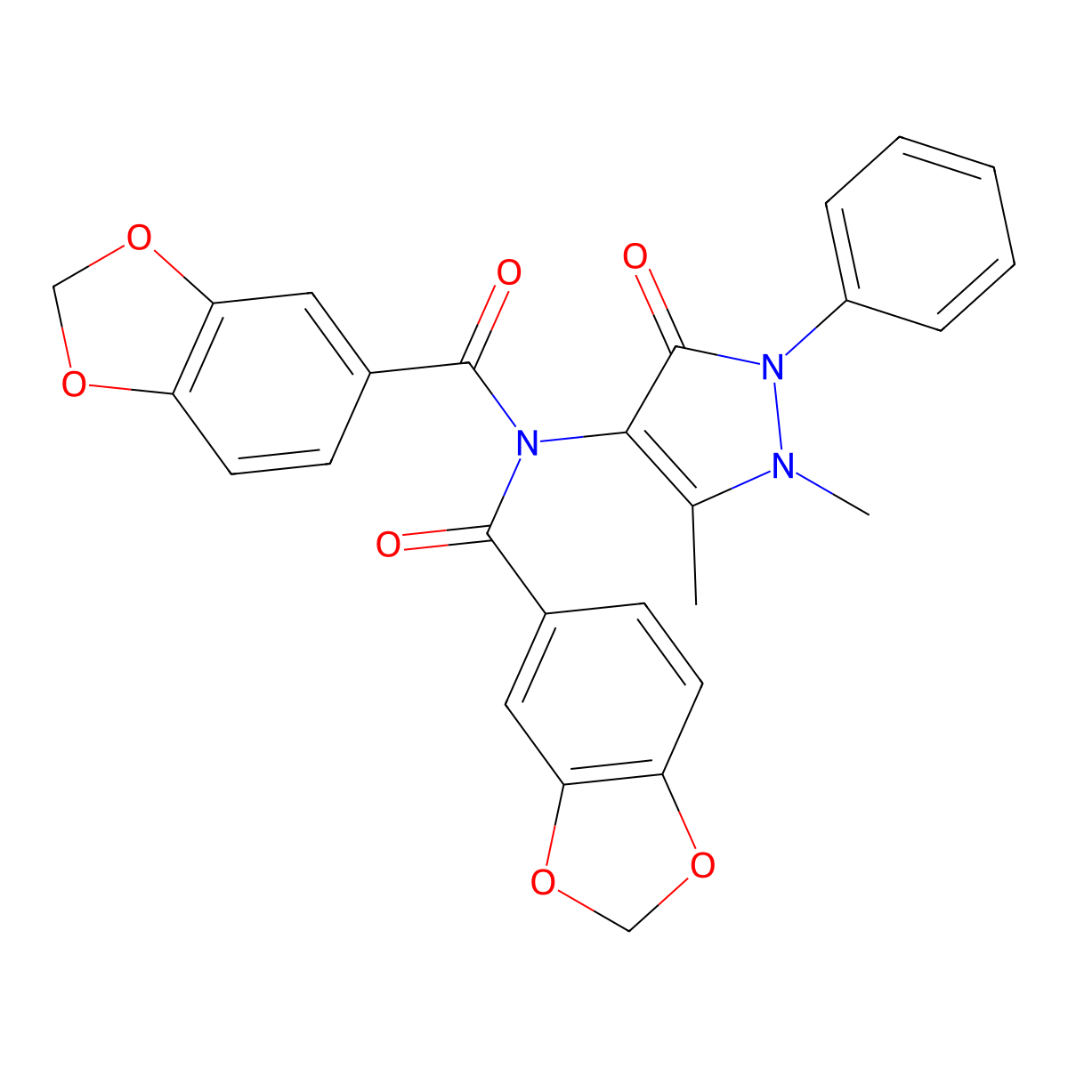 N-(1,3-benzodioxol-5-ylcarbonyl)-N-(1,5-dimethyl-3-oxo-2-phenyl-2,3-dihydro-1H-pyrazol-4-yl)-1,3-benzodioxole-5-carboxamide molecular structure, CAS 667412-50-2