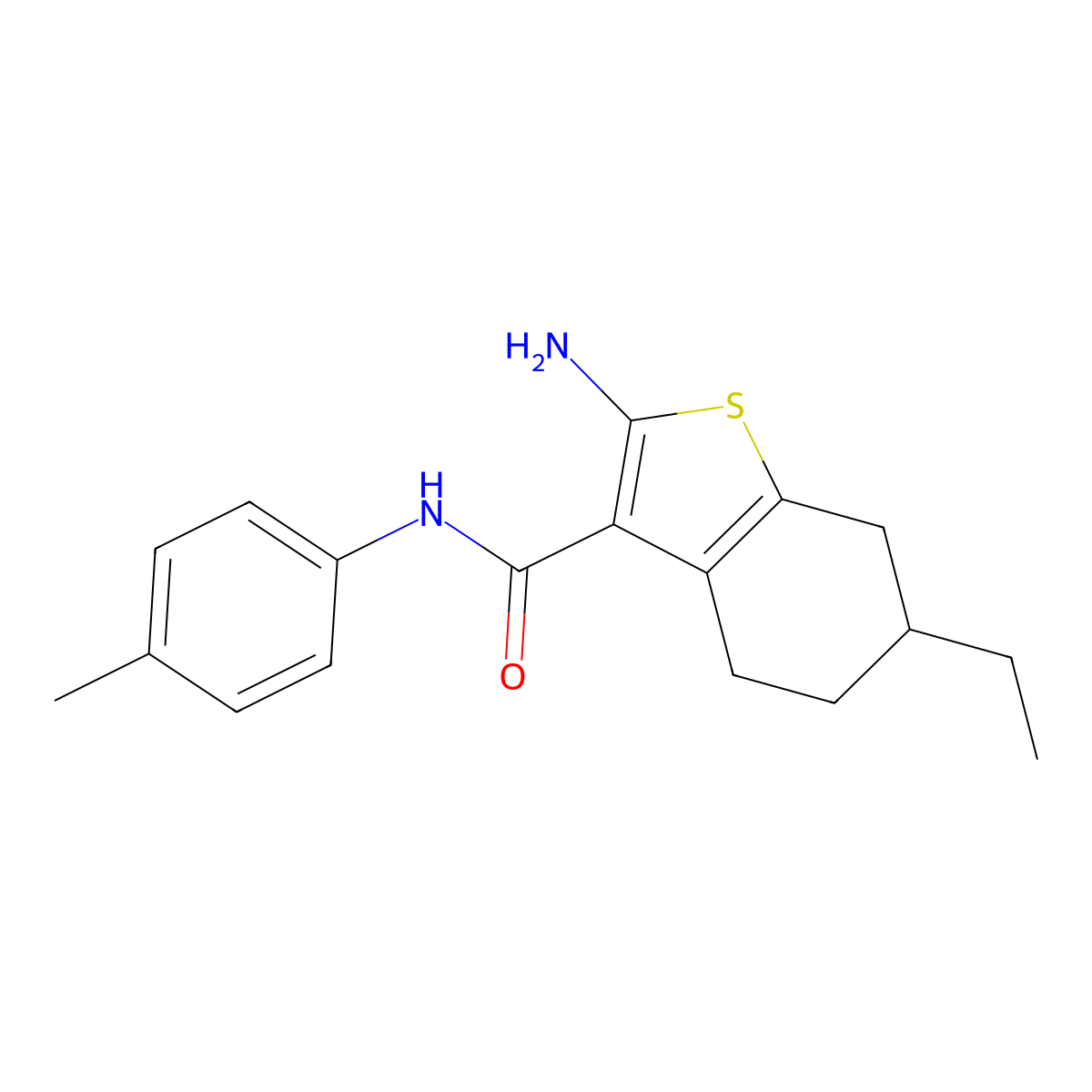2-amino-6-ethyl-N-(4-methylphenyl)-4,5,6,7-tetrahydro-1-benzothiophene-3-carboxamide molecular structure, CAS 667412-54-6