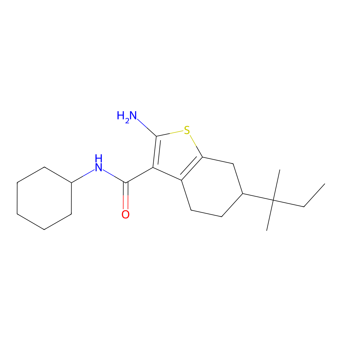 2-Amino-N-cyclohexyl-6-tert-pentyl-4,5,6,7-tetrahydrobenzo[b]thiophene-3-carboxamide molecular structure, CAS 667412-93-3