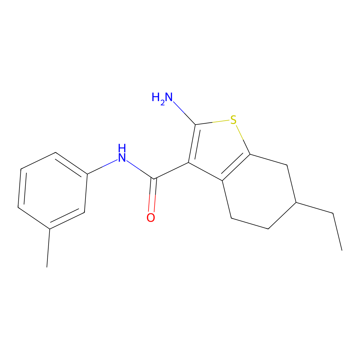 2-amino-6-ethyl-N-(3-methylphenyl)-4,5,6,7-tetrahydro-1-benzothiophene-3-carboxamide molecular structure, CAS 667412-98-8
