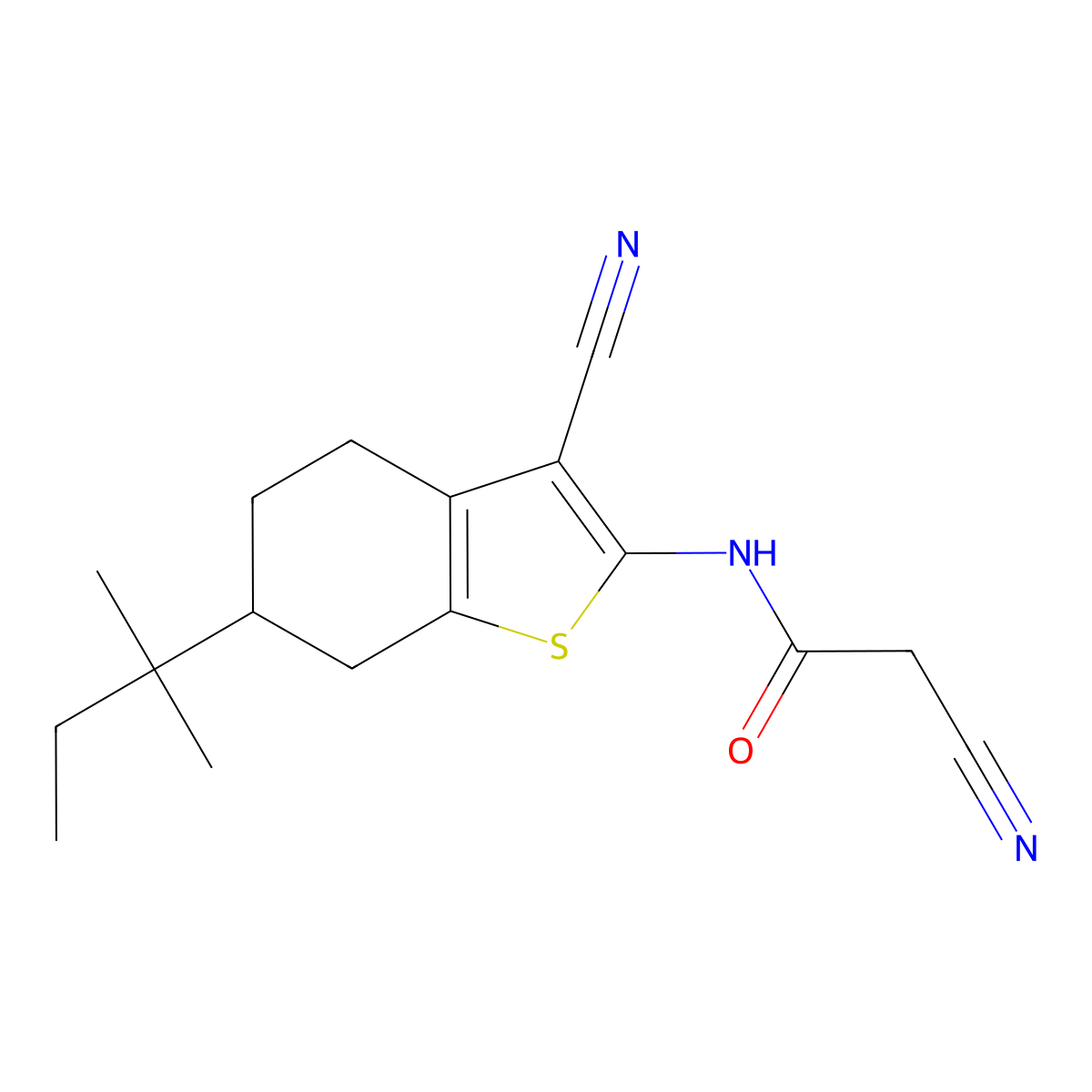 2-cyano-N-[3-cyano-6-(1,1-dimethylpropyl)-4,5,6,7-tetrahydro-1-benzothien-2-yl]acetamide molecular structure, CAS 667412-99-9