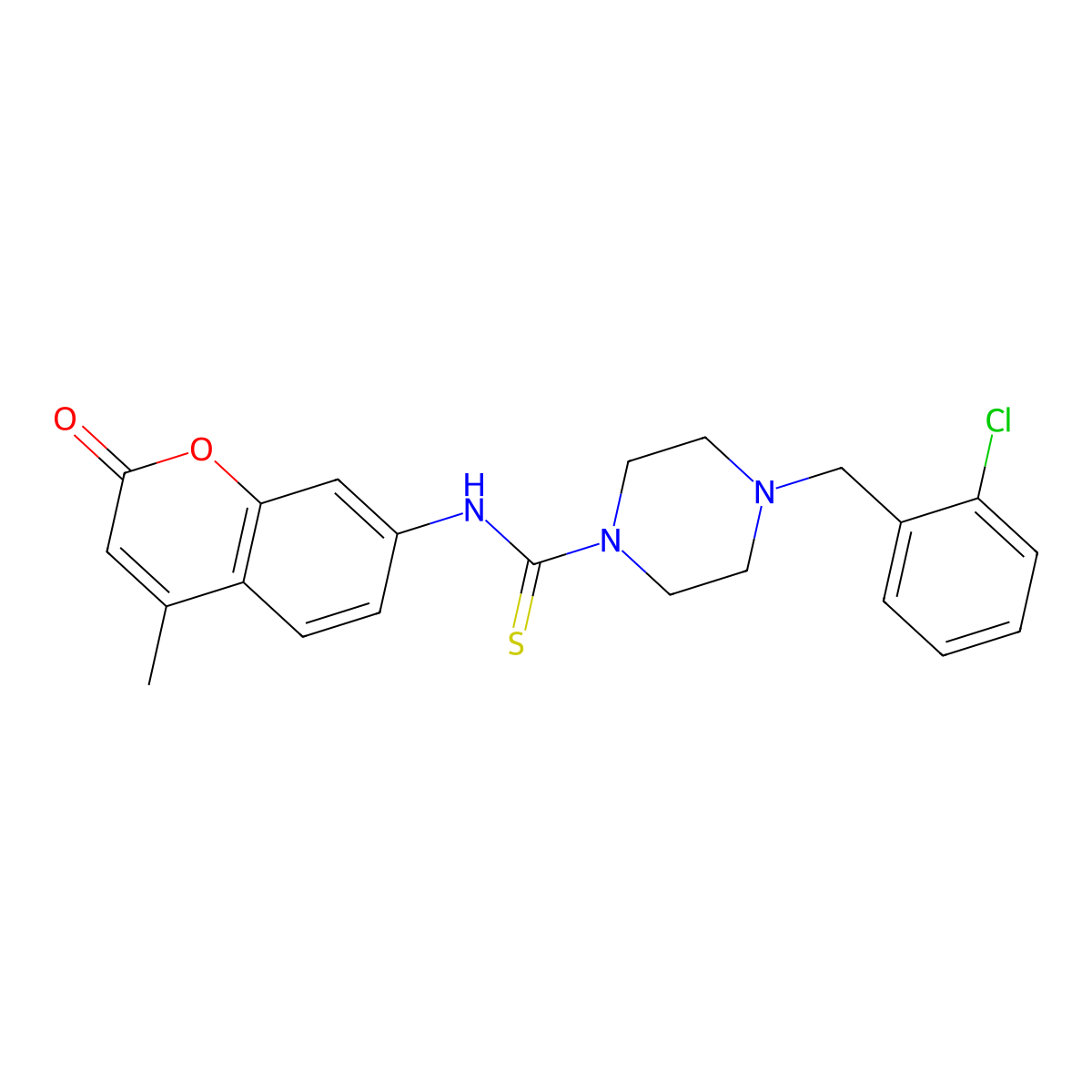 4-(2-chlorobenzyl)-N-(4-methyl-2-oxo-2H-chromen-7-yl)piperazine-1-carbothioamide molecular structure, CAS 667413-23-2