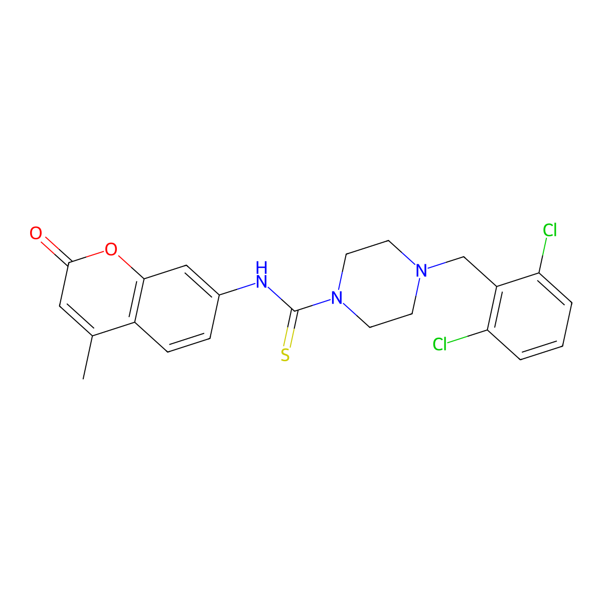 4-(2,6-dichlorobenzyl)-N-(4-methyl-2-oxo-2H-chromen-7-yl)piperazine-1-carbothioamide molecular structure, CAS 667413-24-3