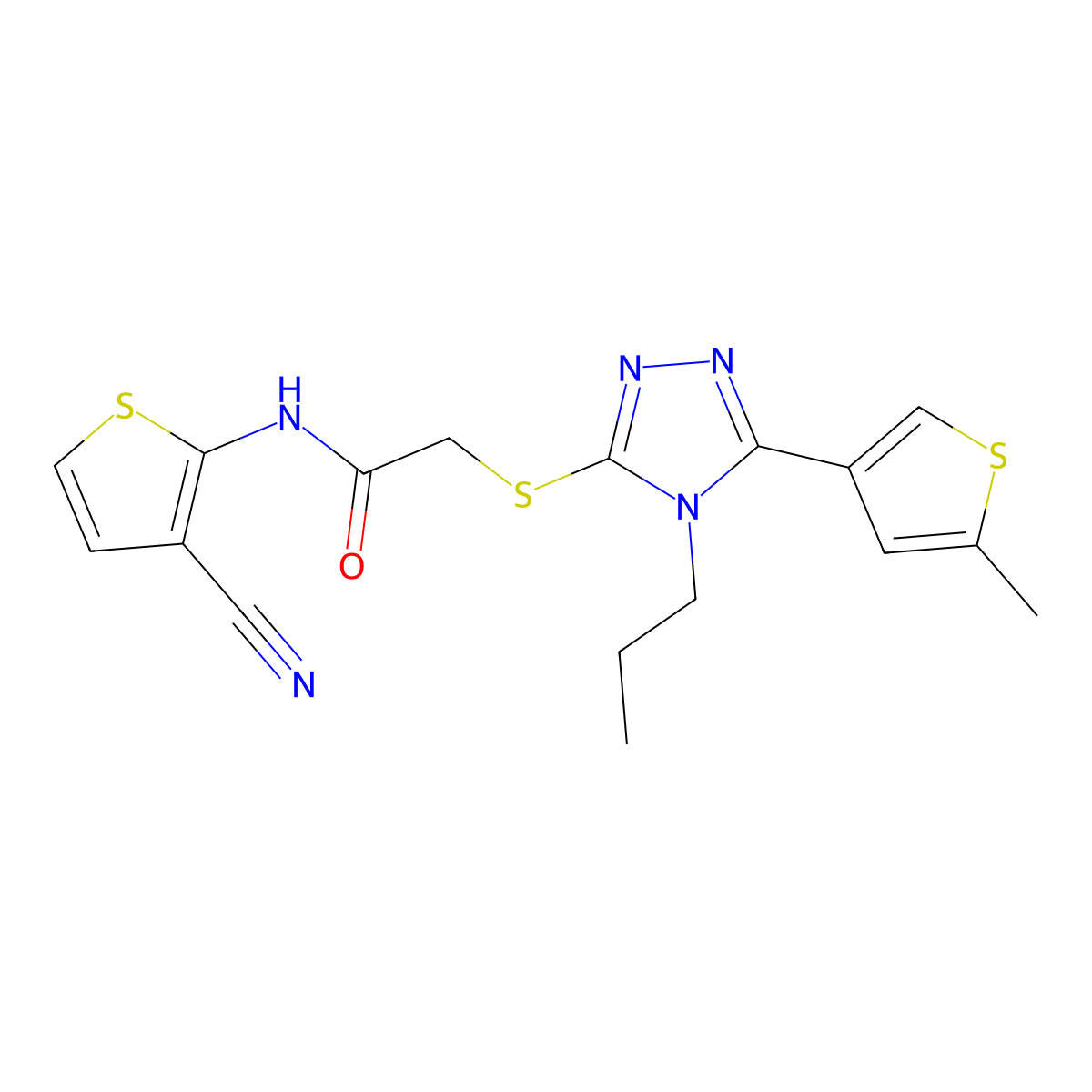 N-(3-cyanothiophen-2-yl)-2-{[5-(5-methylthiophen-3-yl)-4-propyl-4H-1,2,4-triazol-3-yl]sulfanyl}acetamide molecular structure, CAS 667413-77-6