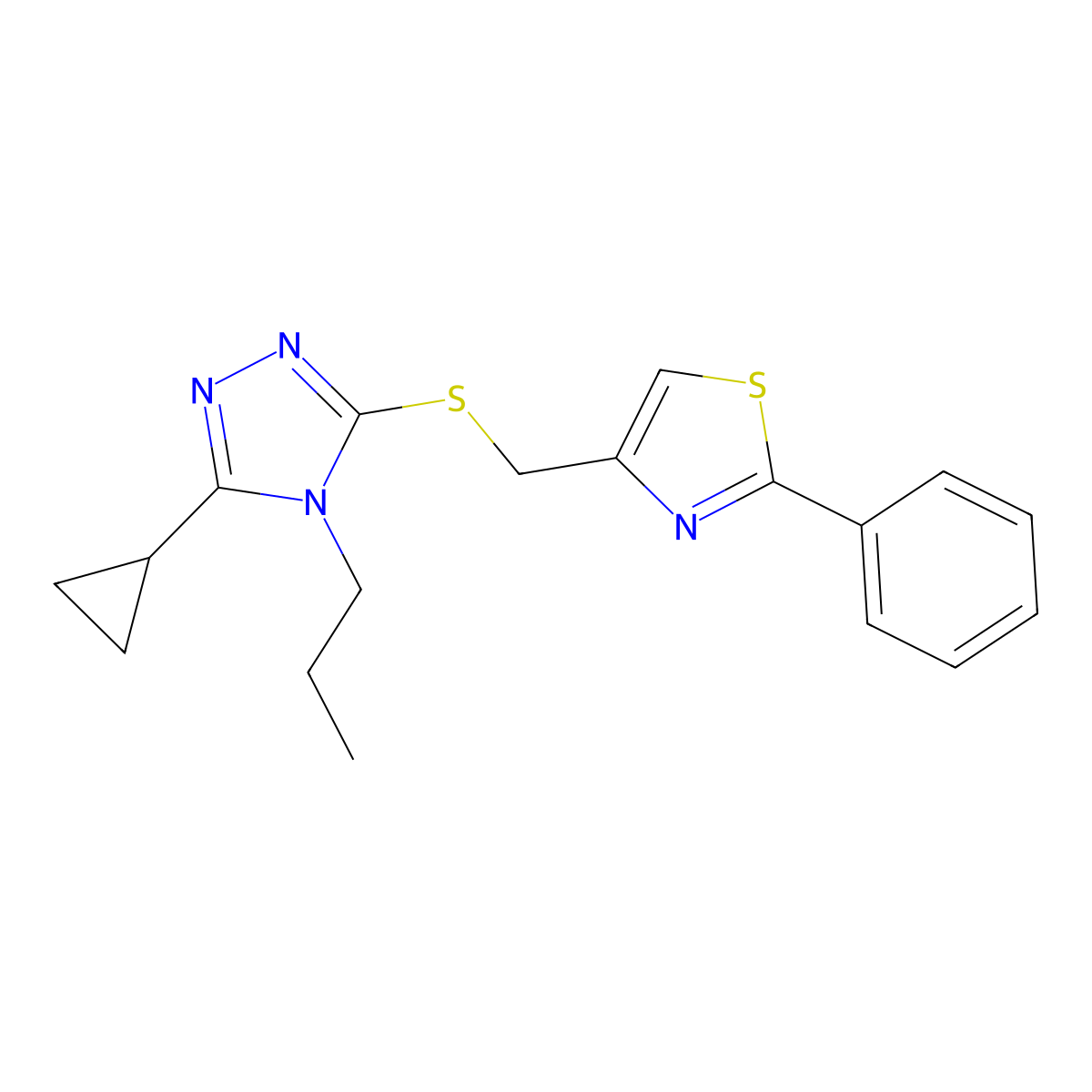 3-cyclopropyl-5-{[(2-phenyl-1,3-thiazol-4-yl)methyl]sulfanyl}-4-propyl-4H-1,2,4-triazole molecular structure, CAS 667413-89-0