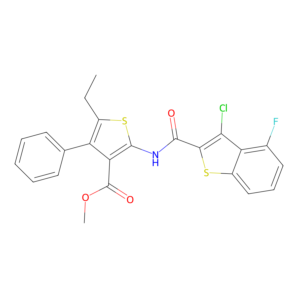 Methyl 2-{[(3-chloro-4-fluoro-1-benzothiophen-2-yl)carbonyl]amino}-5-ethyl-4-phenylthiophene-3-carboxylate molecular structure, CAS 667414-08-6