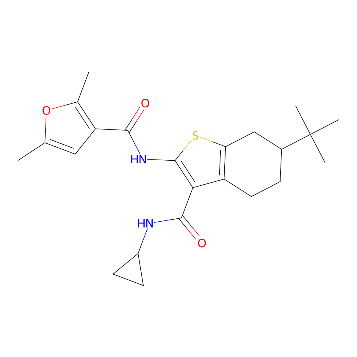 N-[6-tert-butyl-3-(cyclopropylcarbamoyl)-4,5,6,7-tetrahydro-1-benzothiophen-2-yl]-2,5-dimethylfuran-3-carboxamide molecular structure, CAS 667414-21-3