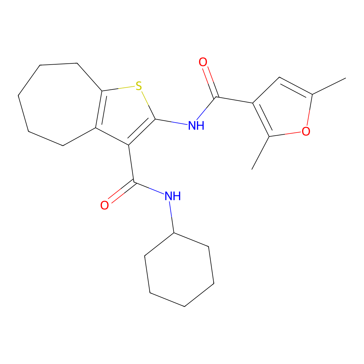 N-[3-(cyclohexylcarbamoyl)-5,6,7,8-tetrahydro-4H-cyclohepta[b]thiophen-2-yl]-2,5-dimethylfuran-3-carboxamide molecular structure, CAS 667414-26-8