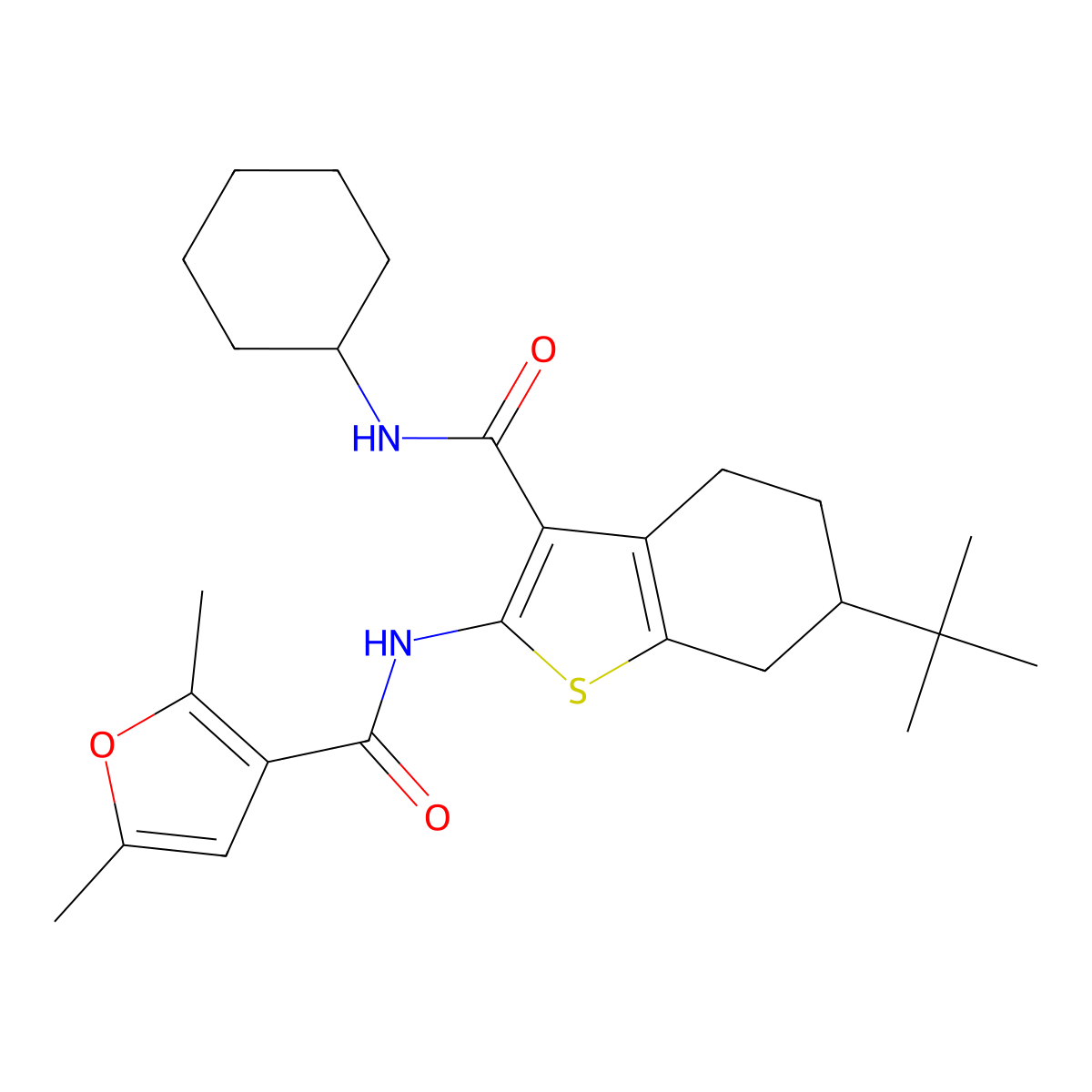 N-[6-tert-butyl-3-(cyclohexylcarbamoyl)-4,5,6,7-tetrahydro-1-benzothiophen-2-yl]-2,5-dimethylfuran-3-carboxamide molecular structure, CAS 667414-27-9