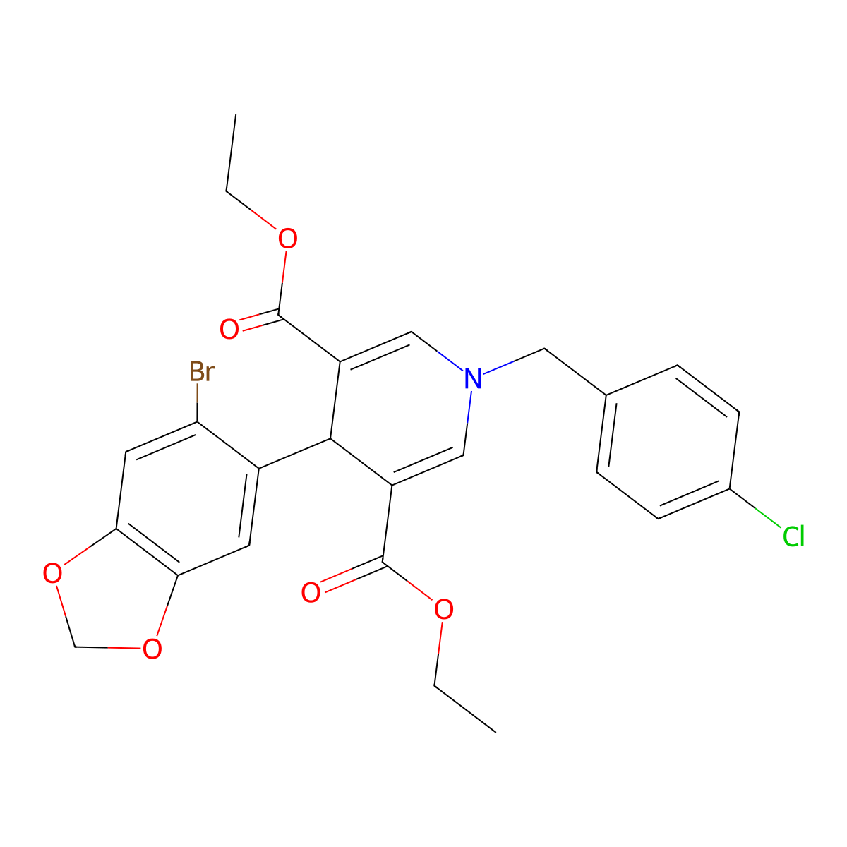 Diethyl 4-(6-bromo-1,3-benzodioxol-5-yl)-1-(4-chlorobenzyl)-1,4-dihydropyridine-3,5-dicarboxylate molecular structure, CAS 667416-22-0