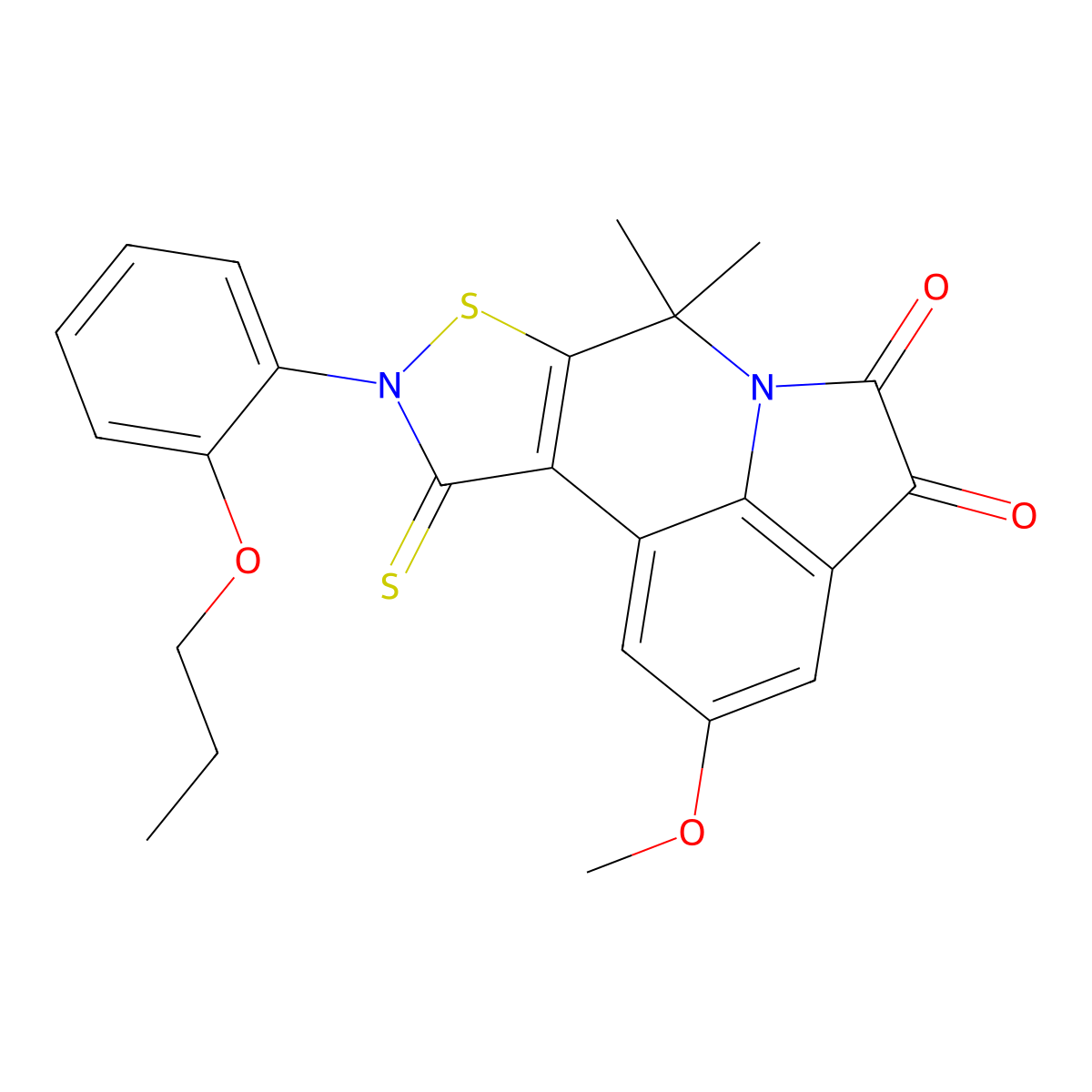 2-methoxy-7,7-dimethyl-9-(2-propoxyphenyl)-10-thioxo-9,10-dihydro-7H-isothiazolo[5,4-c]pyrrolo[3,2,1-ij]quinoline-4,5-dione molecular structure, CAS 667430-94-6