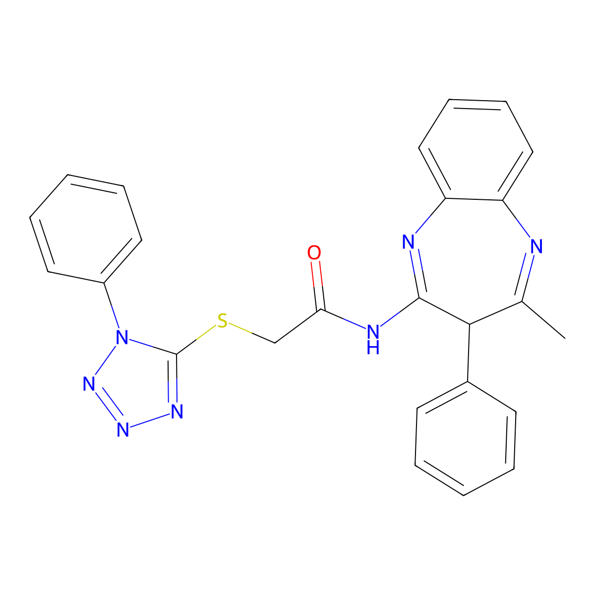 N-(4-methyl-3-phenyl-3H-1,5-benzodiazepin-2-yl)-2-[(1-phenyl-1H-tetrazol-5-yl)thio]acetamide molecular structure, CAS 667430-97-9