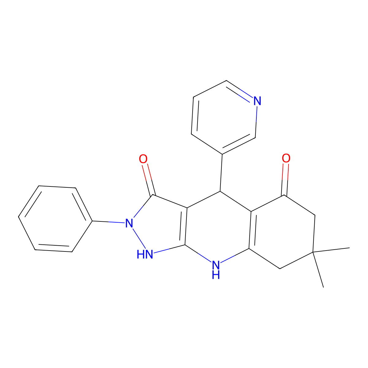 7,7-dimethyl-2-phenyl-4-(pyridin-3-yl)-4,7,8,9-tetrahydro-1H-pyrazolo[3,4-b]quinoline-3,5(2H,6H)-dione molecular structure, CAS 667431-37-0