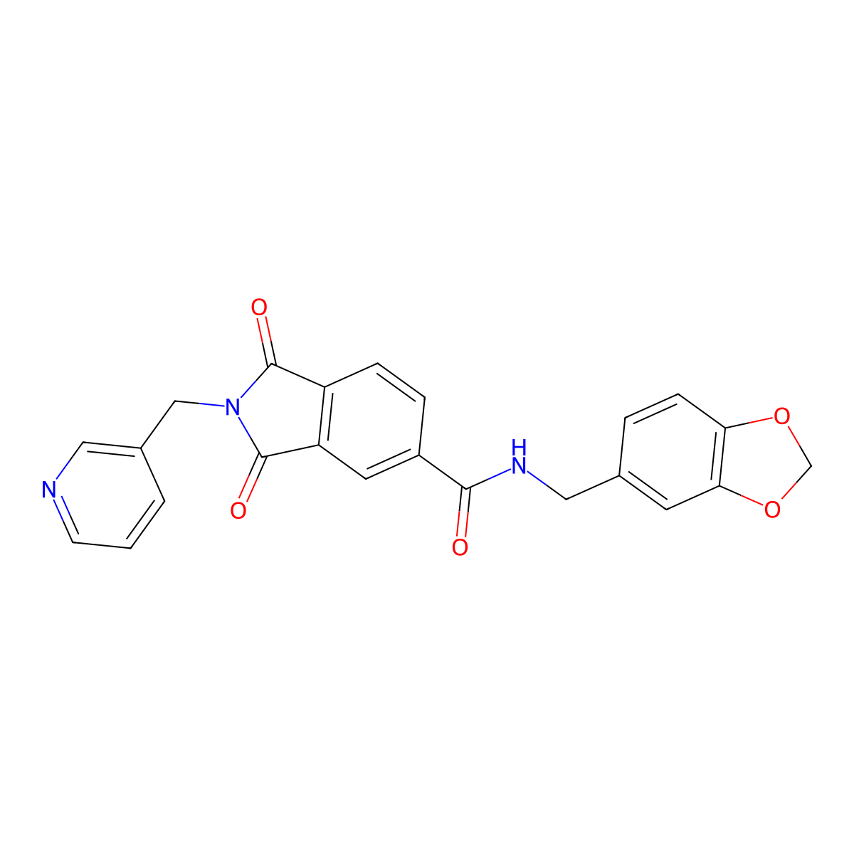 N-(1,3-benzodioxol-5-ylmethyl)-1,3-dioxo-2-(3-pyridinylmethyl)-5-isoindolinecarboxamide molecular structure, CAS 667435-22-5