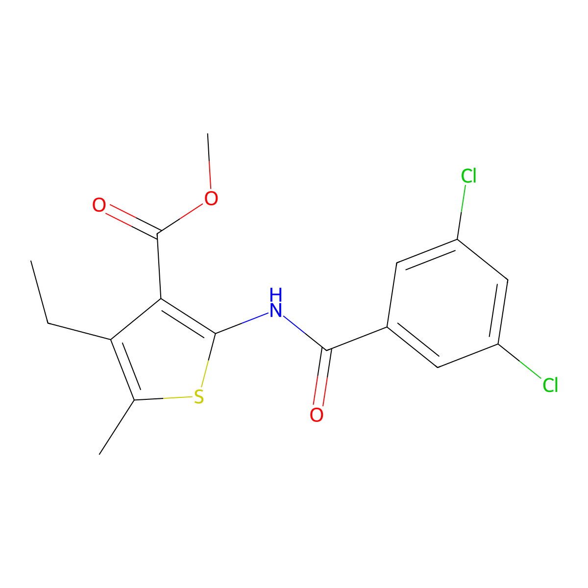 Methyl 2-{[(3,5-dichlorophenyl)carbonyl]amino}-4-ethyl-5-methylthiophene-3-carboxylate molecular structure, CAS 667435-80-5