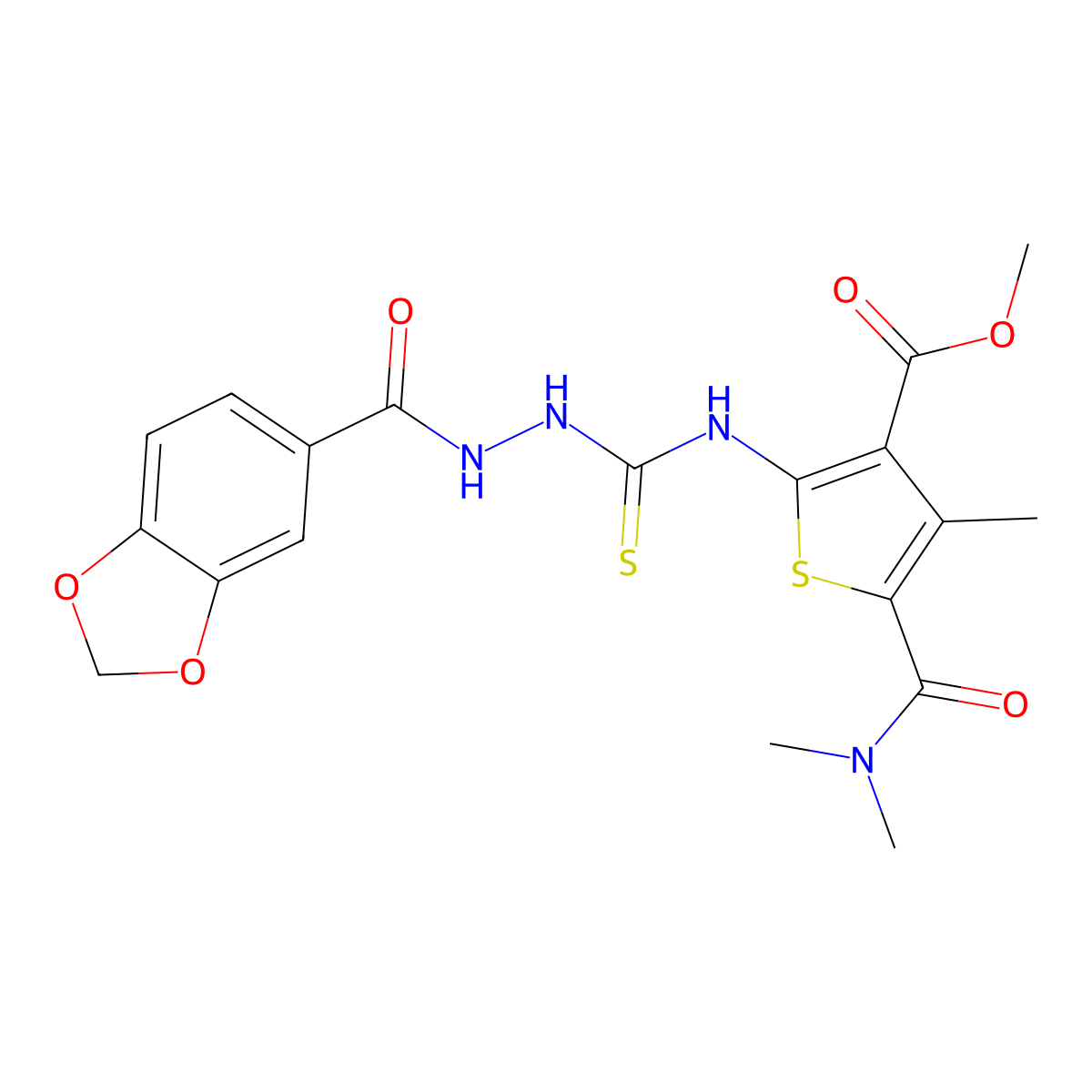 Methyl 2-({[2-(1,3-benzodioxol-5-ylcarbonyl)hydrazinyl]carbonothioyl}amino)-5-(dimethylcarbamoyl)-4-methylthiophene-3-carboxylate molecular structure, CAS 667436-45-5