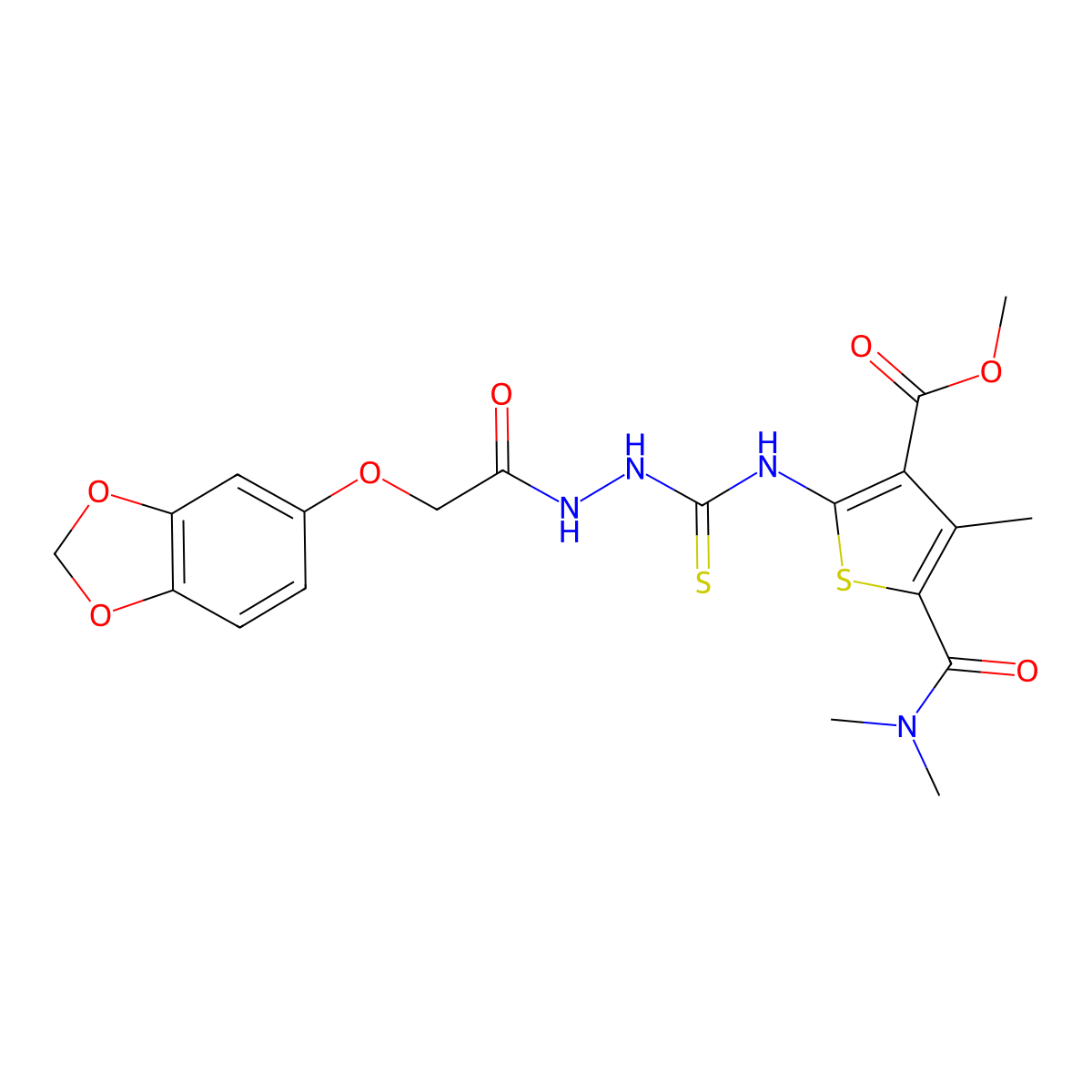 Methyl 2-[({2-[(1,3-benzodioxol-5-yloxy)acetyl]hydrazinyl}carbonothioyl)amino]-5-(dimethylcarbamoyl)-4-methylthiophene-3-carboxylate molecular structure, CAS 667436-46-6