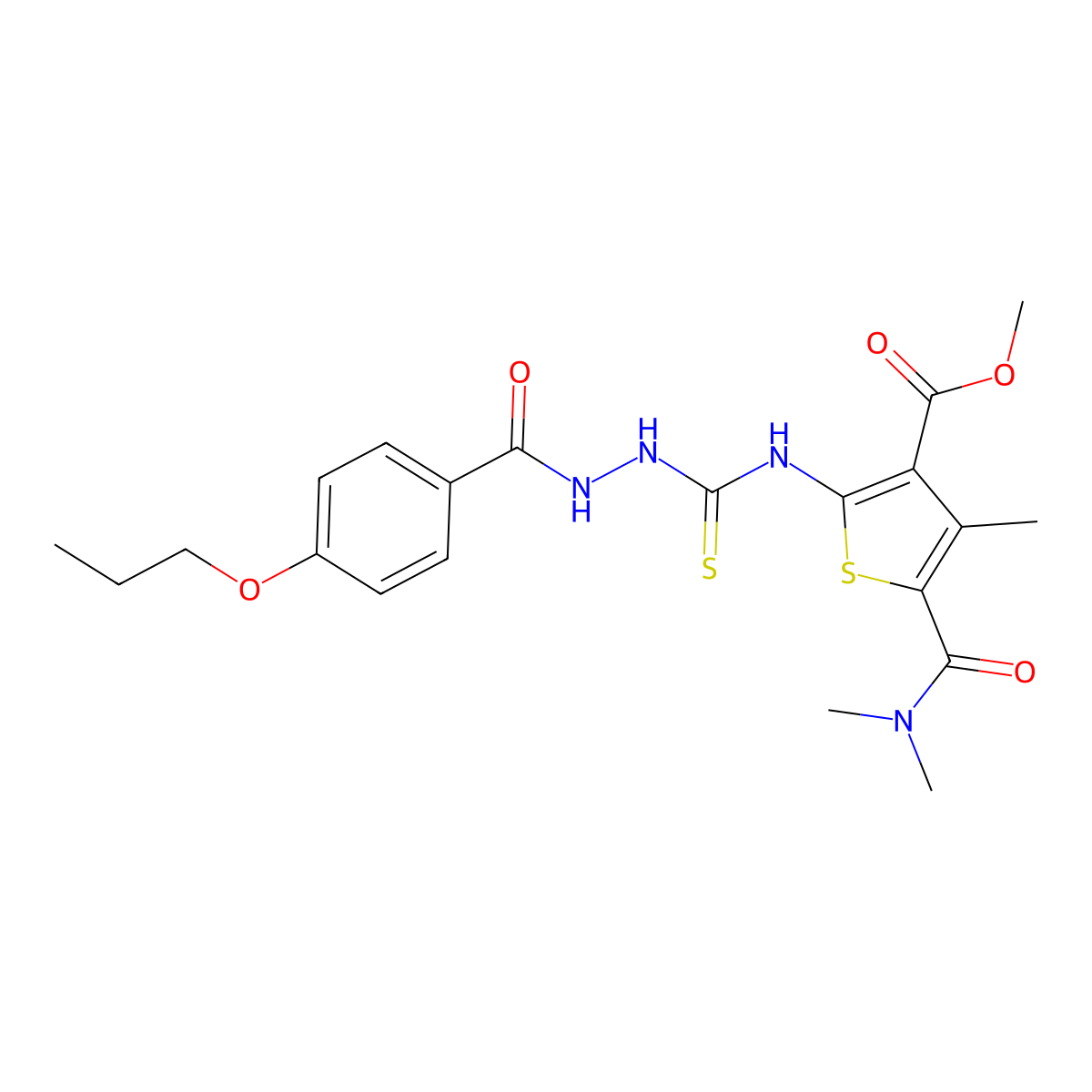 Methyl 5-(dimethylcarbamoyl)-4-methyl-2-[({2-[(4-propoxyphenyl)carbonyl]hydrazinyl}carbonothioyl)amino]thiophene-3-carboxylate molecular structure, CAS 667436-55-7