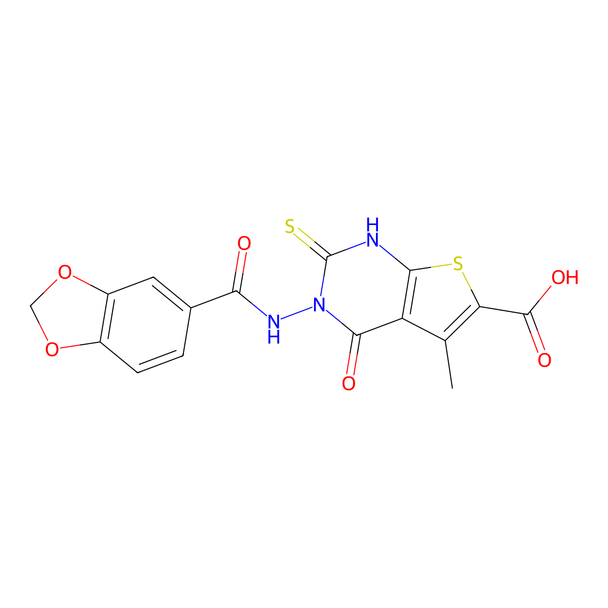 3-[(1,3-Benzodioxol-5-ylcarbonyl)amino]-5-methyl-4-oxo-2-sulfanyl-3,4-dihydrothieno[2,3-d]pyrimidine-6-carboxylic acid molecular structure, CAS 667437-24-3