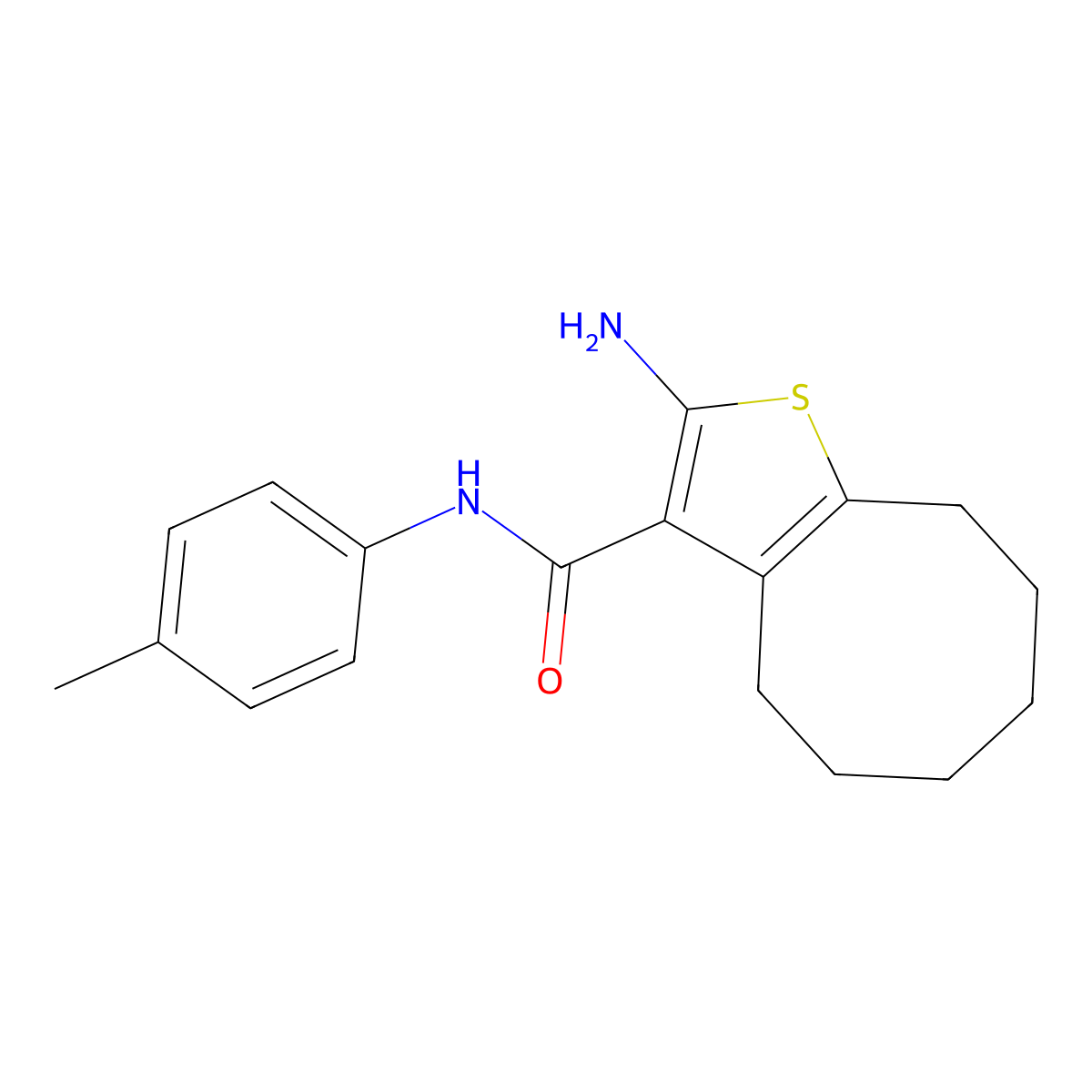 2-amino-N-(4-methylphenyl)-4,5,6,7,8,9-hexahydrocycloocta[b]thiophene-3-carboxamide molecular structure, CAS 667437-53-8