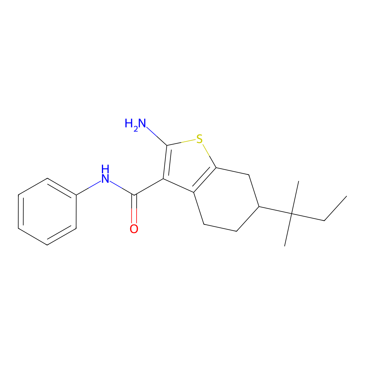 2-amino-6-(1,1-dimethylpropyl)-N-phenyl-4,5,6,7-tetrahydro-1-benzothiophene-3-carboxamide molecular structure, CAS 667437-82-3