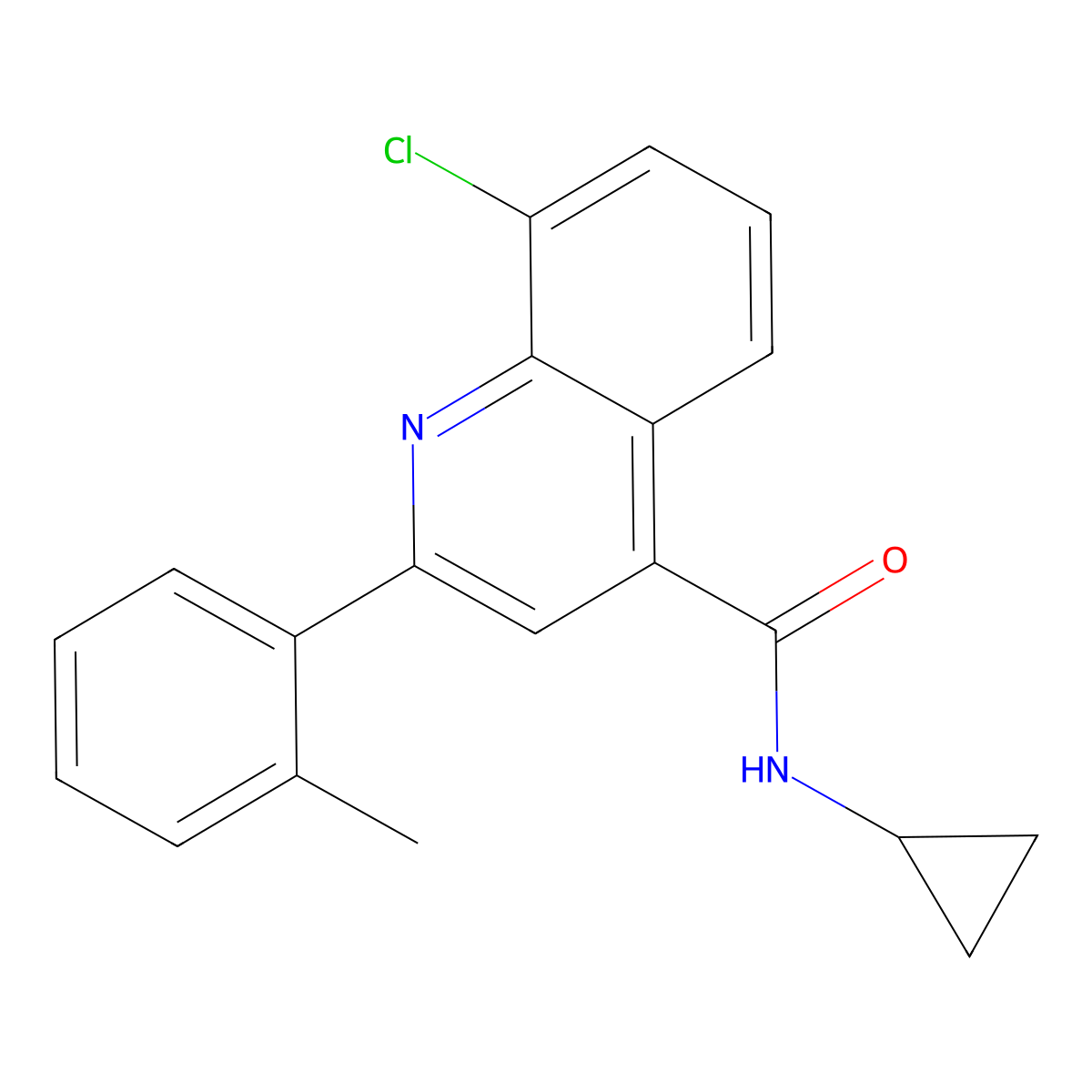 8-chloro-N-cyclopropyl-2-(2-methylphenyl)quinoline-4-carboxamide molecular structure, CAS 667440-24-6