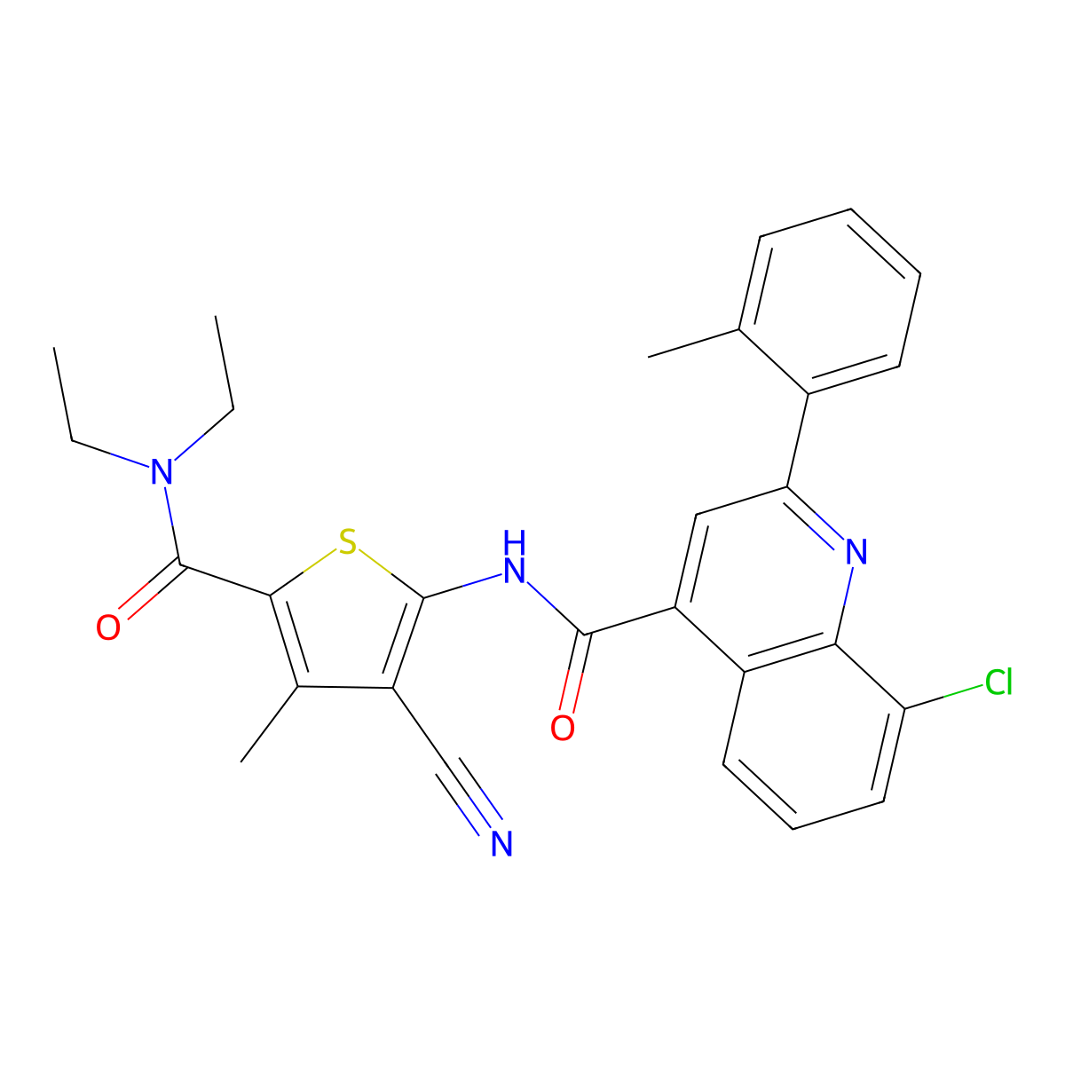 8-chloro-N-[3-cyano-5-(diethylcarbamoyl)-4-methylthiophen-2-yl]-2-(2-methylphenyl)quinoline-4-carboxamide molecular structure, CAS 667440-38-2