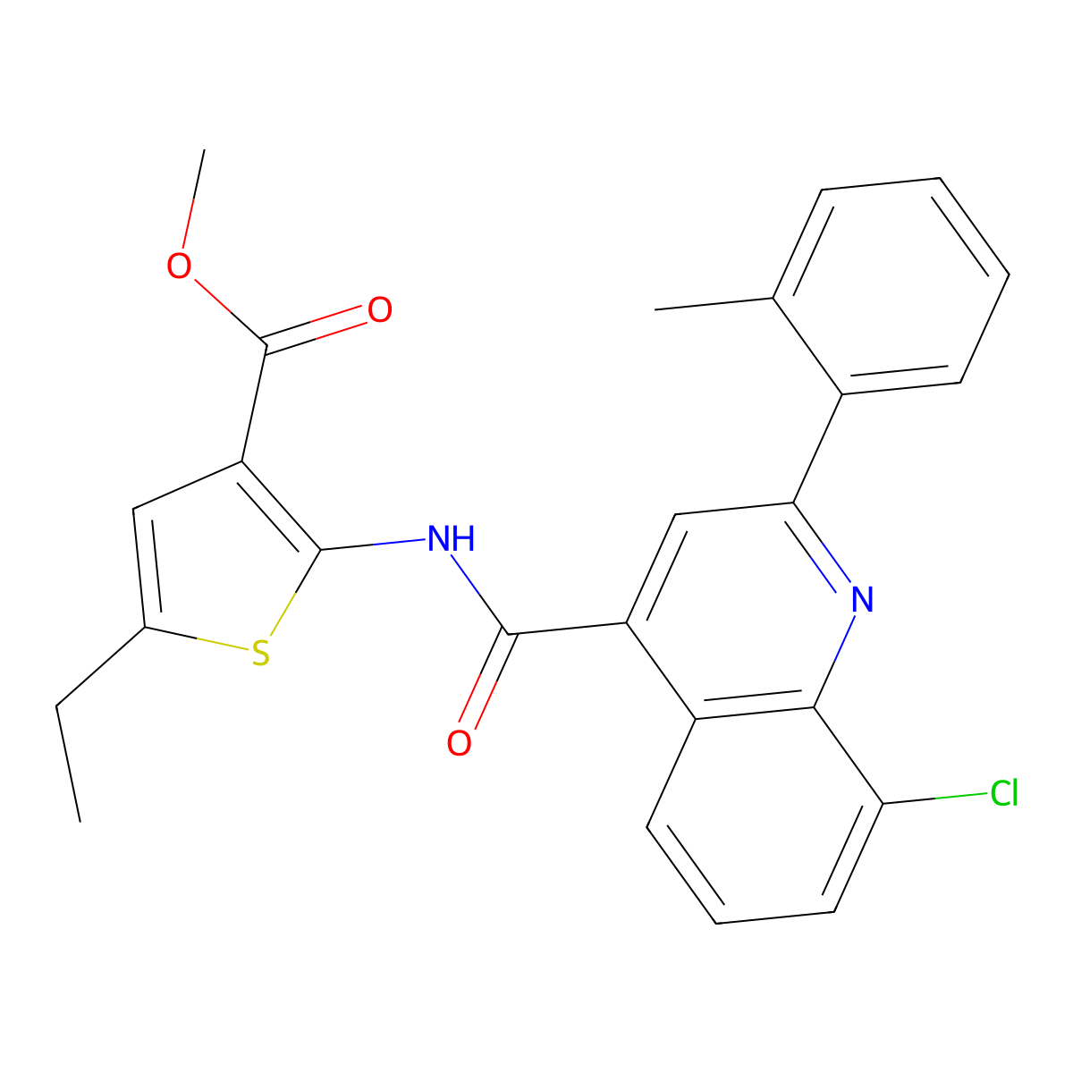 Methyl 2-({[8-chloro-2-(2-methylphenyl)quinolin-4-yl]carbonyl}amino)-5-ethylthiophene-3-carboxylate molecular structure, CAS 667440-44-0