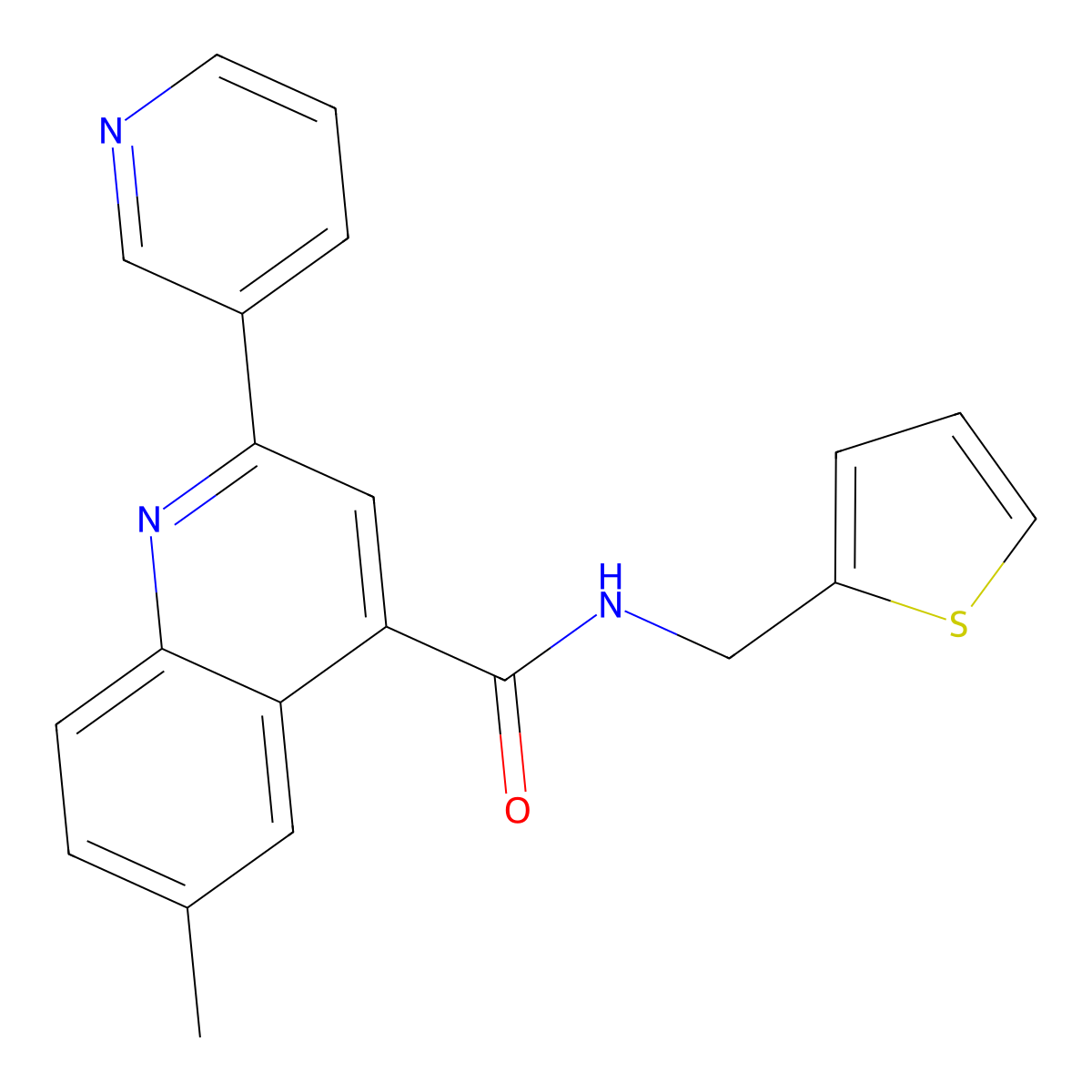 6-methyl-2-(pyridin-3-yl)-N-(thiophen-2-ylmethyl)quinoline-4-carboxamide molecular structure, CAS 667440-50-8