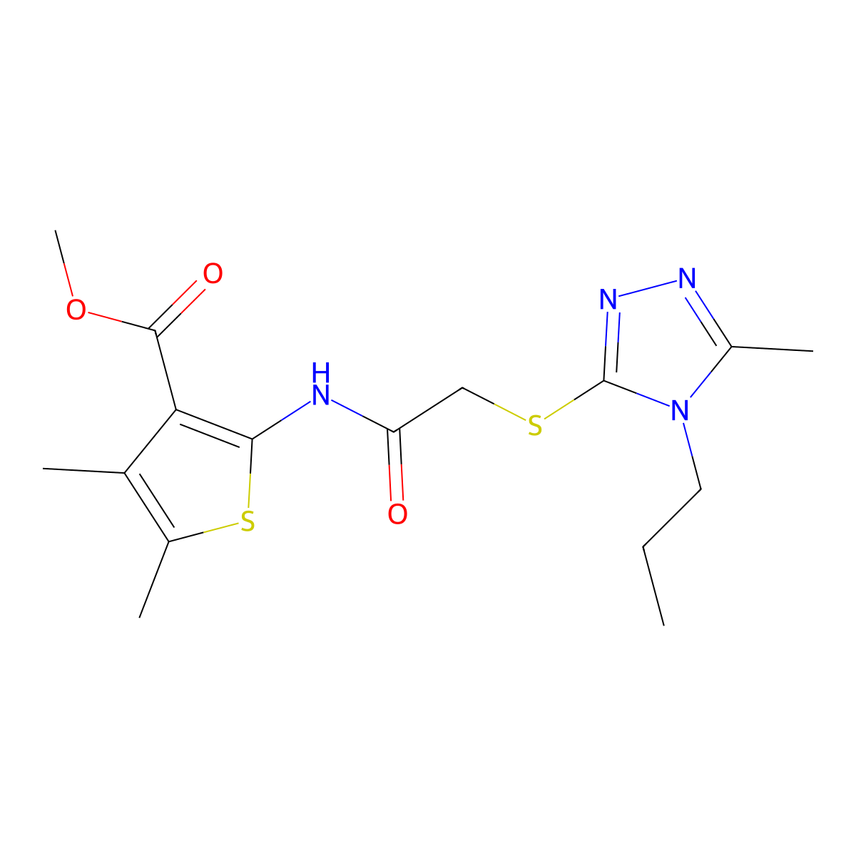 methyl 4,5-dimethyl-2-({[(5-methyl-4-propyl-4H-1,2,4-triazol-3-yl)sulfanyl]acetyl}amino)thiophene-3-carboxylate molecular structure, CAS 667440-78-0