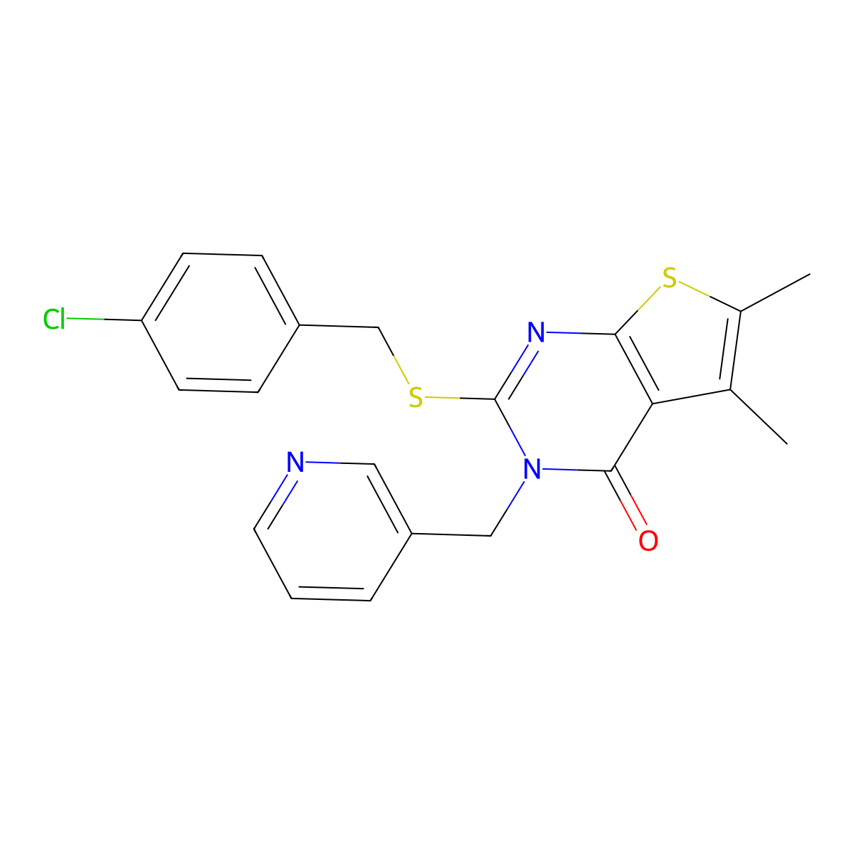 2-[(4-chlorobenzyl)sulfanyl]-5,6-dimethyl-3-(pyridin-3-ylmethyl)thieno[2,3-d]pyrimidin-4(3H)-one molecular structure, CAS 667442-47-9