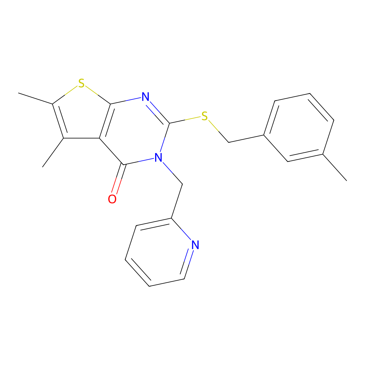 5,6-dimethyl-2-[(3-methylbenzyl)sulfanyl]-3-(pyridin-2-ylmethyl)thieno[2,3-d]pyrimidin-4(3H)-one molecular structure, CAS 667442-55-9