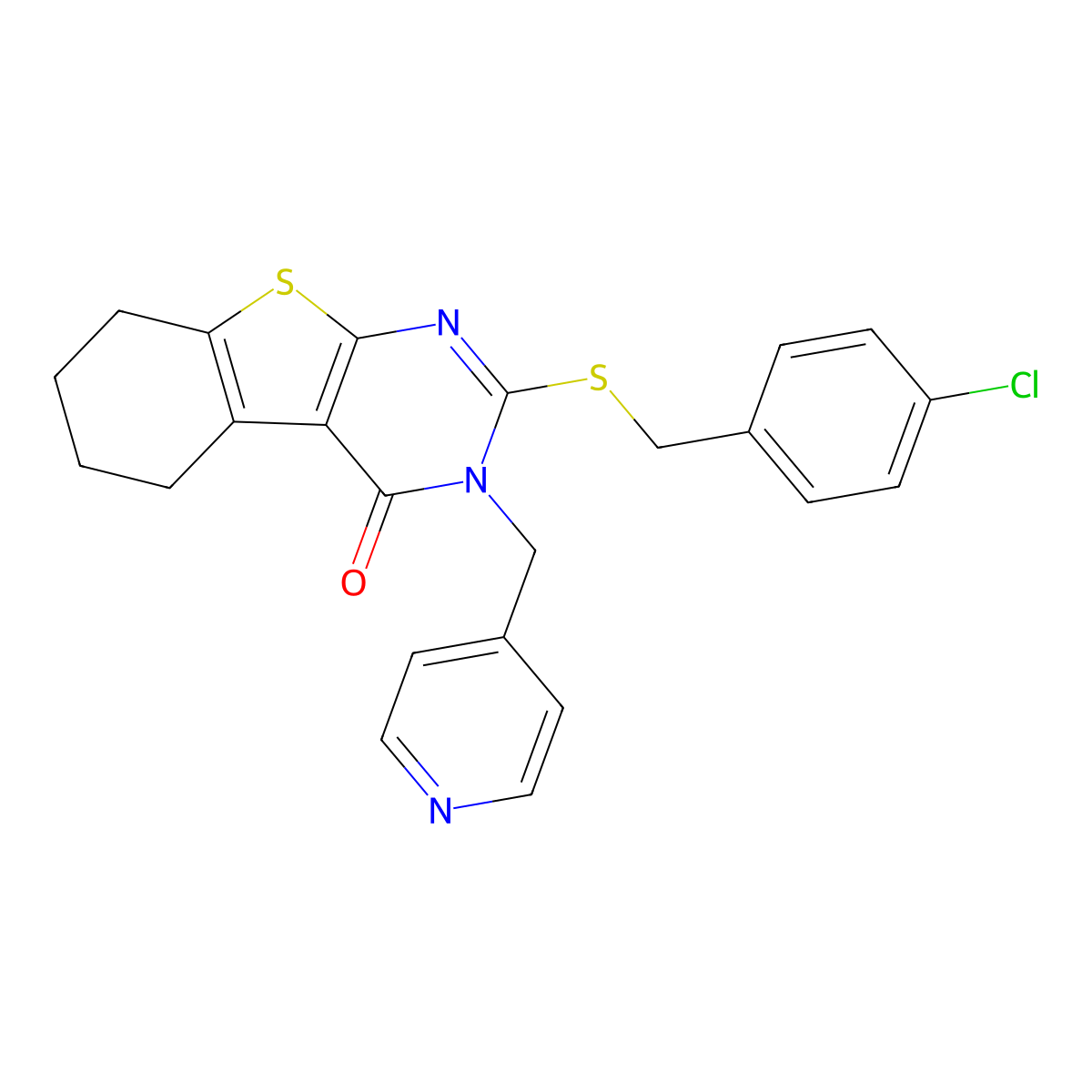 2-[(4-chlorobenzyl)sulfanyl]-3-(pyridin-4-ylmethyl)-5,6,7,8-tetrahydro[1]benzothieno[2,3-d]pyrimidin-4(3H)-one molecular structure, CAS 667442-57-1