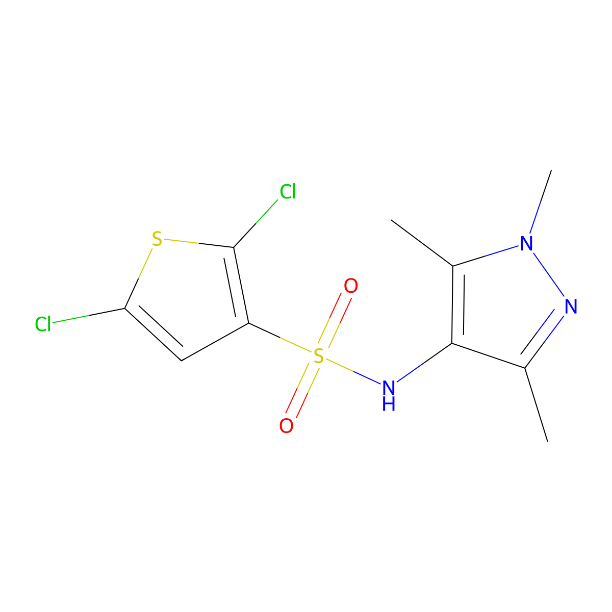 2,5-dichloro-N-(1,3,5-trimethyl-1H-pyrazol-4-yl)thiophene-3-sulfonamide molecular structure, CAS 667865-06-7