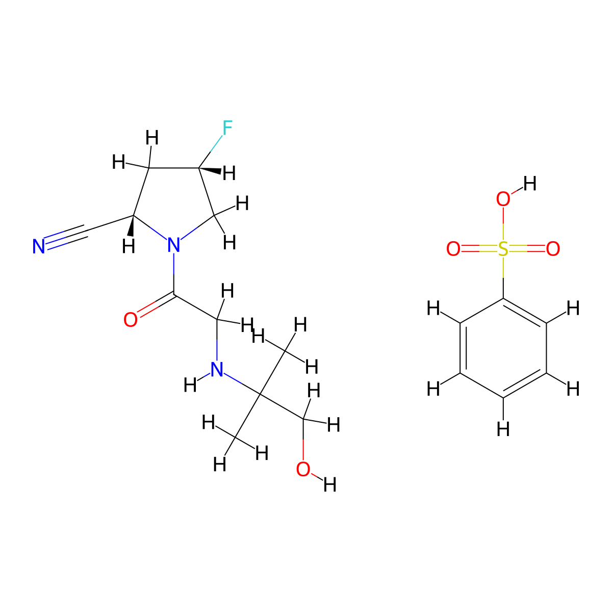 (2S,4S)-4-fluoro-1-((1-hydroxy-2-methylpropan-2-yl)glycyl)pyrrolidine-2-carbonitrile benzenesulfonate molecular structure, CAS 667865-69-2