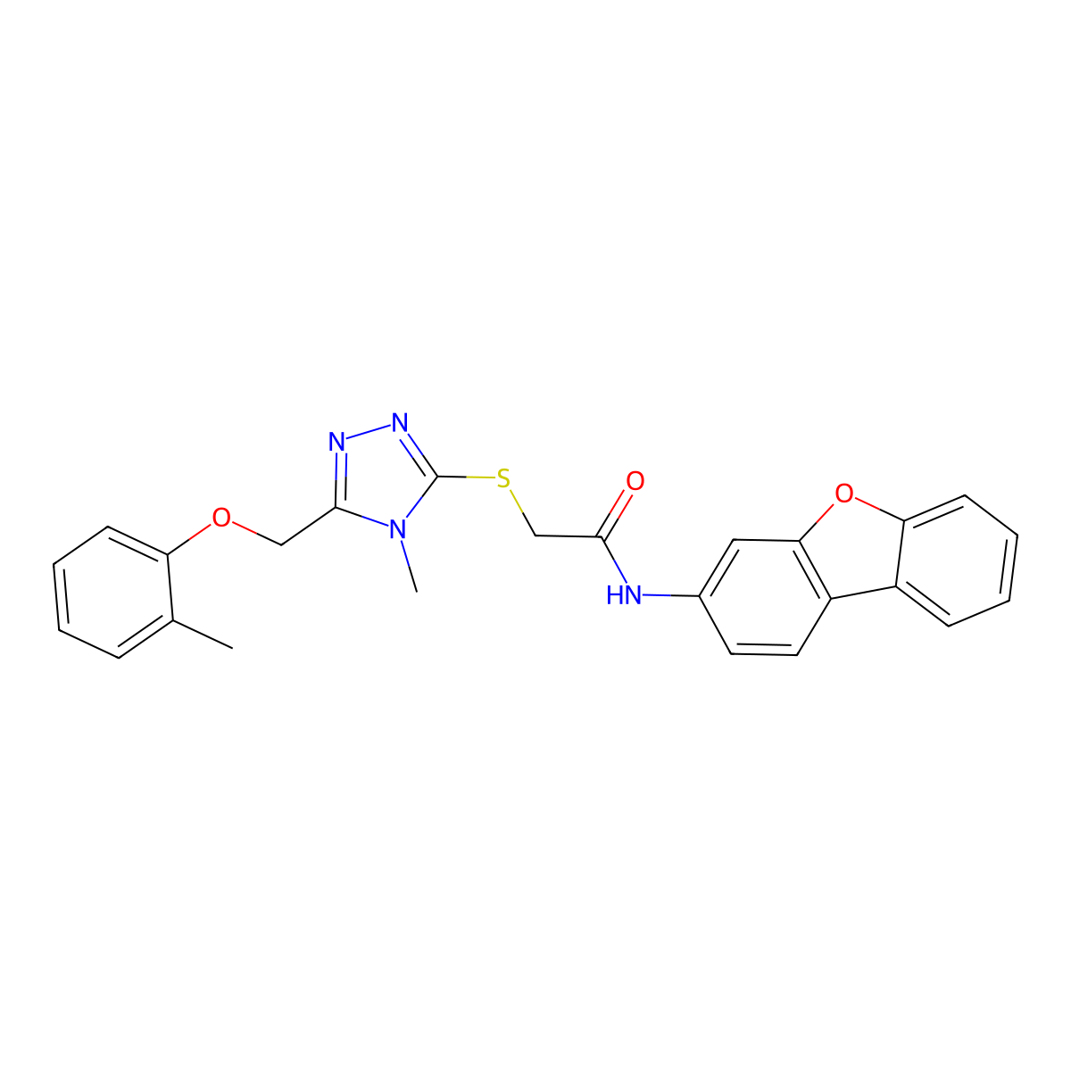 N-dibenzofuran-3-yl-2-[[4-methyl-5-[(2-methylphenoxy)methyl]-1,2,4-triazol-3-yl]sulfanyl]acetamide molecular structure, CAS 667867-85-8