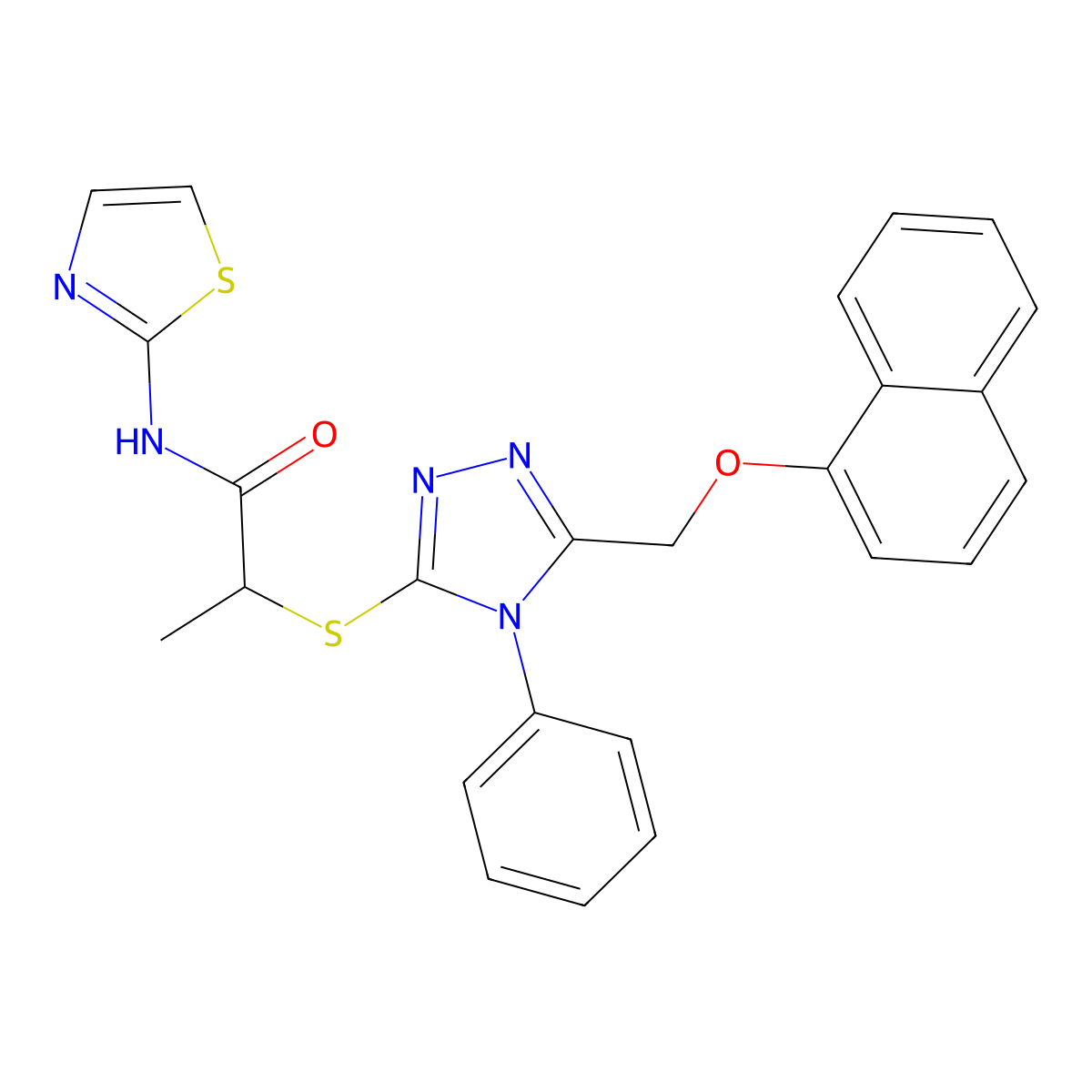 2-[[5-(naphthalen-1-yloxymethyl)-4-phenyl-1,2,4-triazol-3-yl]sulfanyl]-N-(1,3-thiazol-2-yl)propanamide molecular structure, CAS 667868-09-9