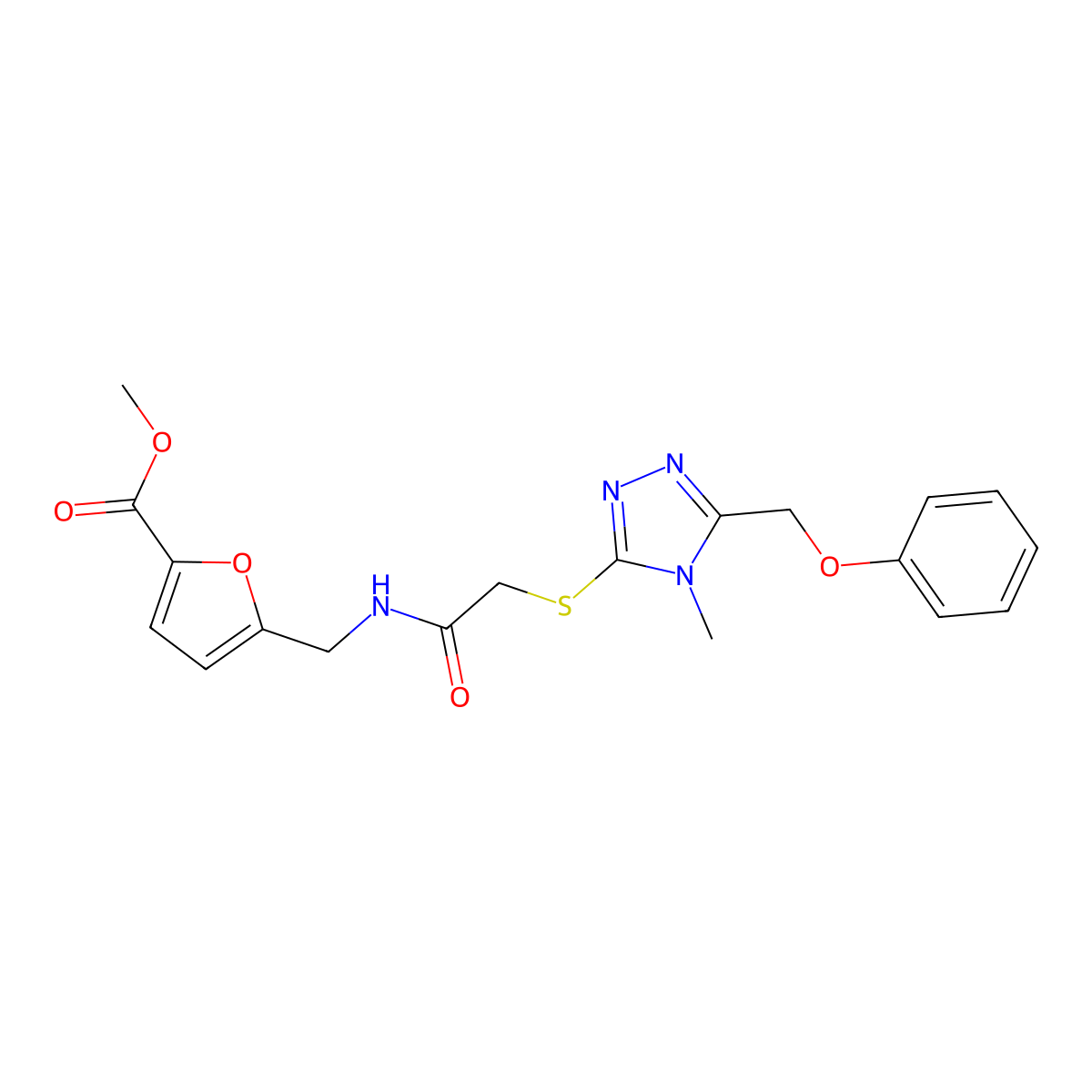 methyl 5-{[({[4-methyl-5-(phenoxymethyl)-4H-1,2,4-triazol-3-yl]thio}acetyl)amino]methyl}-2-furoate molecular structure, CAS 667868-45-3