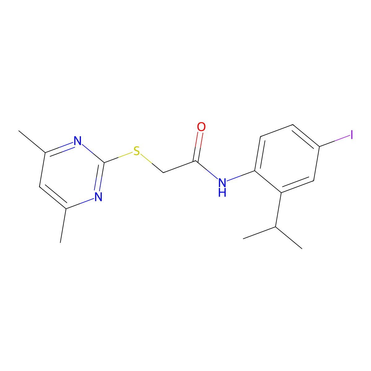 2-(4,6-dimethylpyrimidin-2-yl)sulfanyl-N-(4-iodo-2-propan-2-ylphenyl)acetamide molecular structure, CAS 667872-31-3