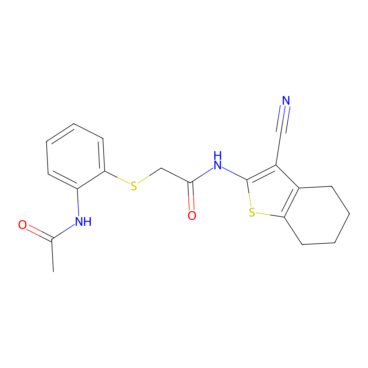 2-(2-acetamidophenyl)sulfanyl-N-(3-cyano-4,5,6,7-tetrahydro-1-benzothiophen-2-yl)acetamide molecular structure, CAS 667878-79-7