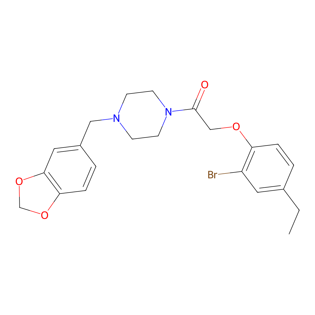 1-[4-(1,3-Benzodioxol-5-ylmethyl)piperazin-1-yl]-2-(2-bromo-4-ethylphenoxy)ethanone molecular structure, CAS 667879-00-7