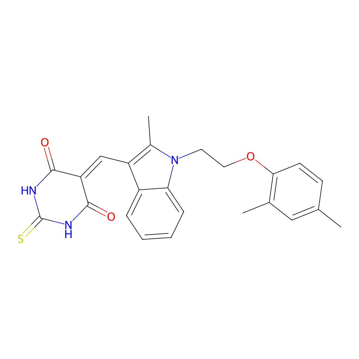 5-[[1-[2-(2,4-Dimethylphenoxy)ethyl]-2-methylindol-3-yl]methylidene]-2-sulfanylidene-1,3-diazinane-4,6-dione molecular structure, CAS 667880-38-8