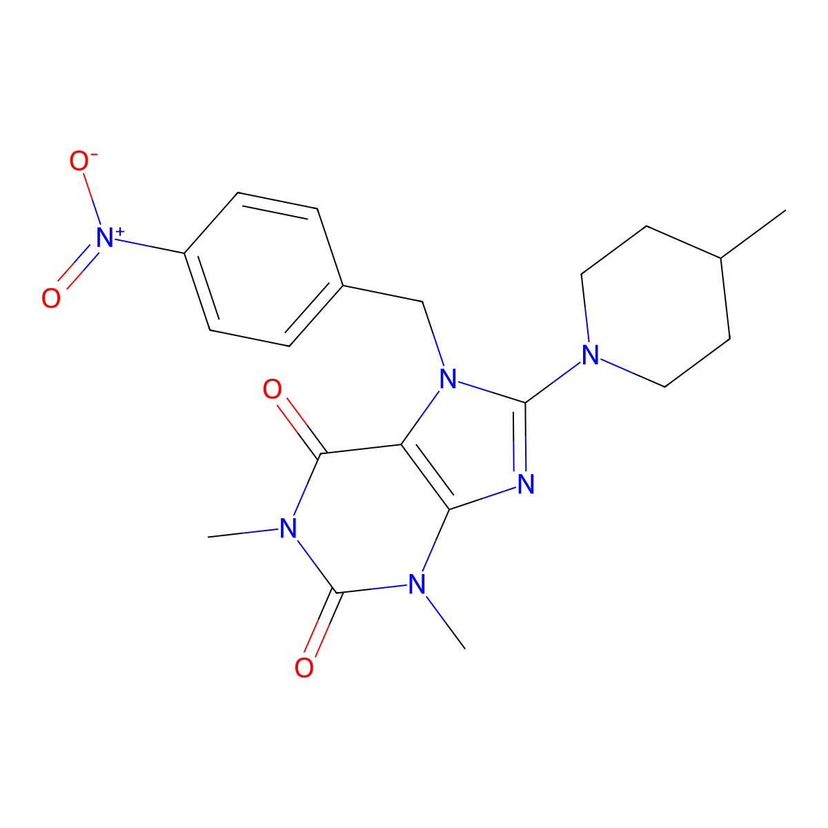 1,3-Dimethyl-8-(4-methylpiperidin-1-yl)-7-[(4-nitrophenyl)methyl]purine-2,6-dione molecular structure, CAS 667881-12-1