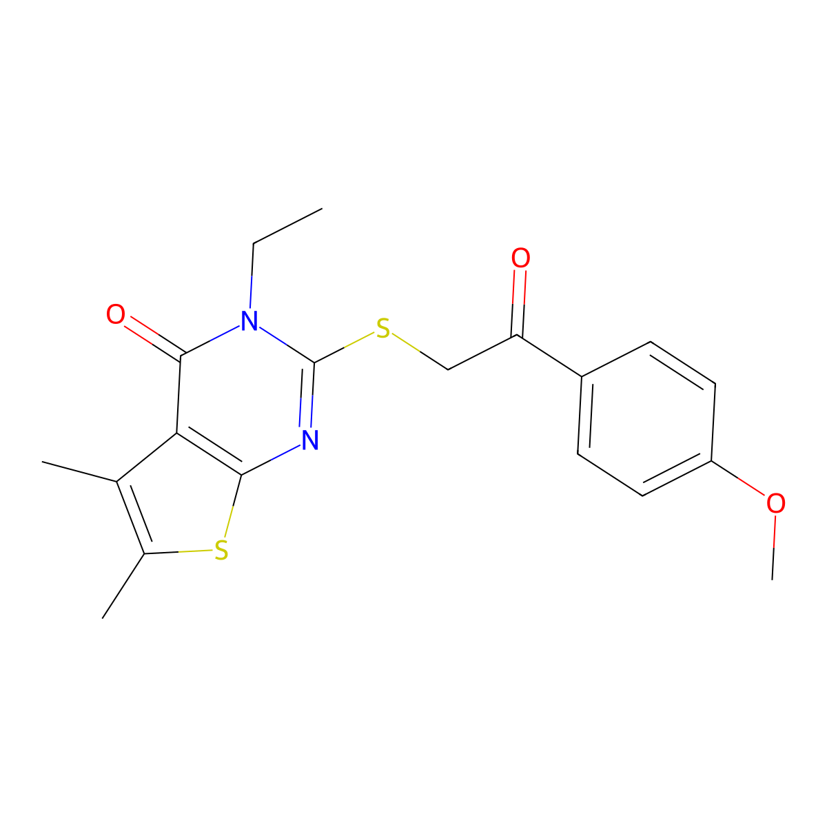3-ethyl-2-{[2-(4-methoxyphenyl)-2-oxoethyl]sulfanyl}-5,6-dimethylthieno[2,3-d]pyrimidin-4(3H)-one molecular structure, CAS 667884-65-3