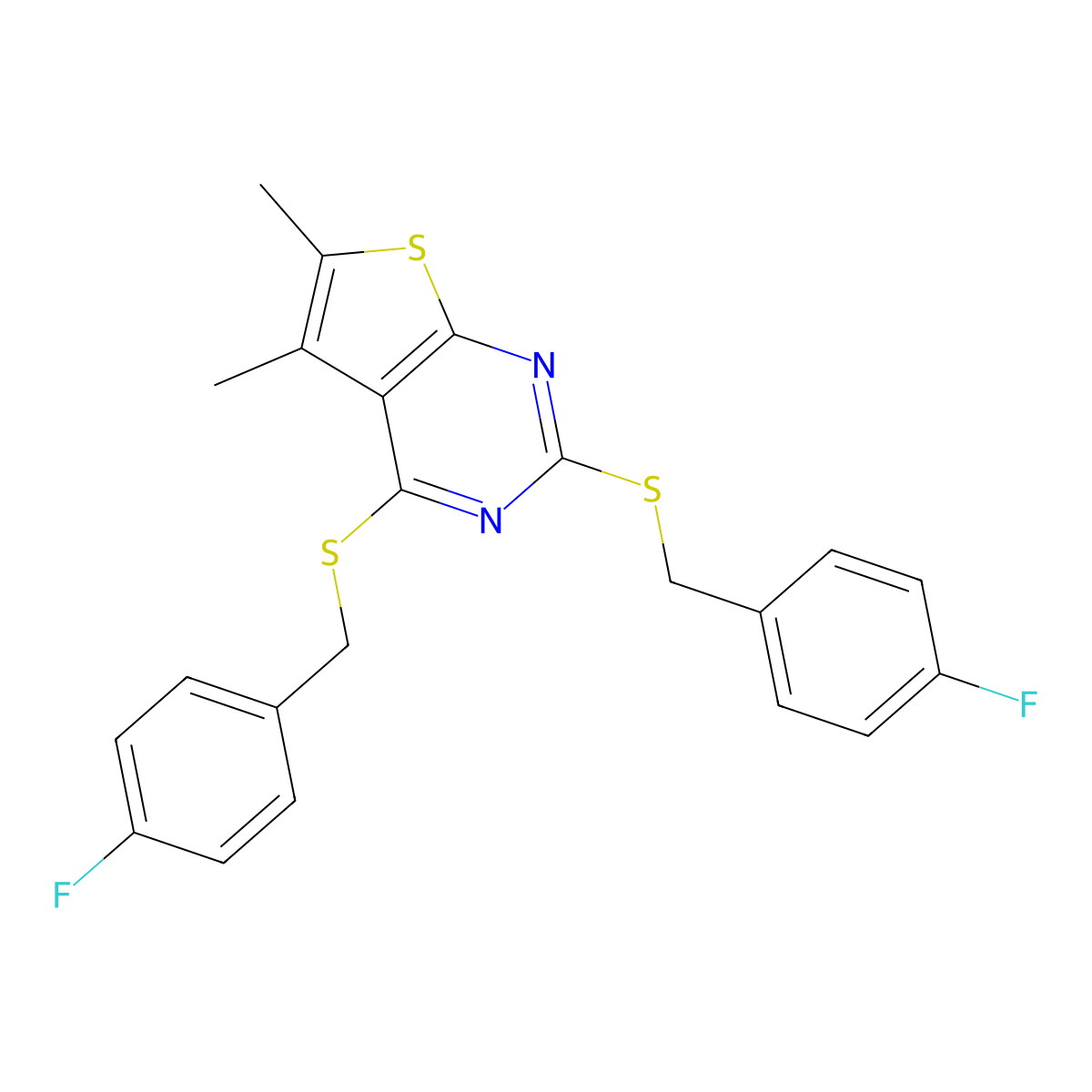 2,4-Bis[(4-fluorobenzyl)sulfanyl]-5,6-dimethylthieno[2,3-d]pyrimidine molecular structure, CAS 667885-06-5