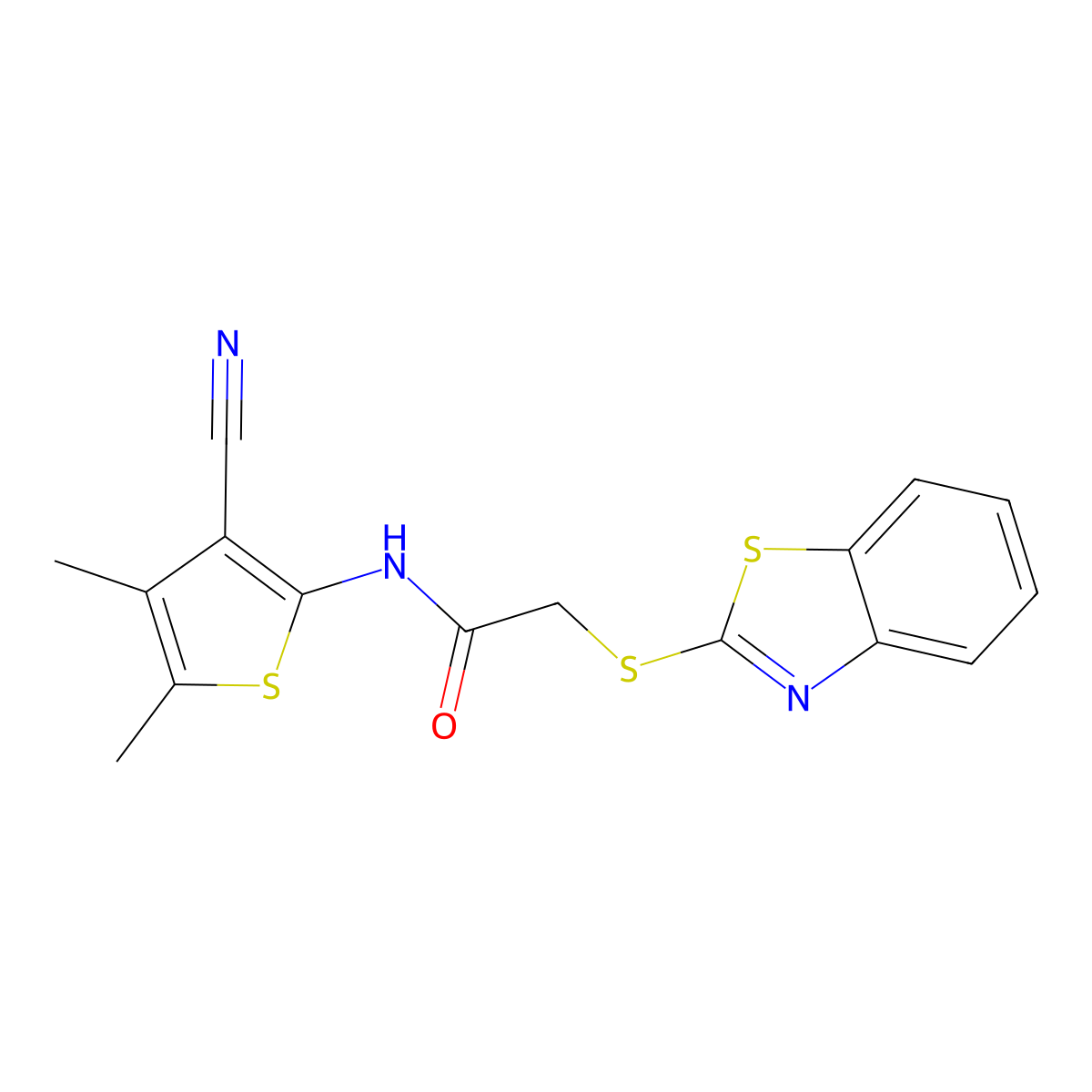 2-(1,3-benzothiazol-2-ylsulfanyl)-N-(3-cyano-4,5-dimethyl-2-thienyl)acetamide molecular structure, CAS 667885-21-4