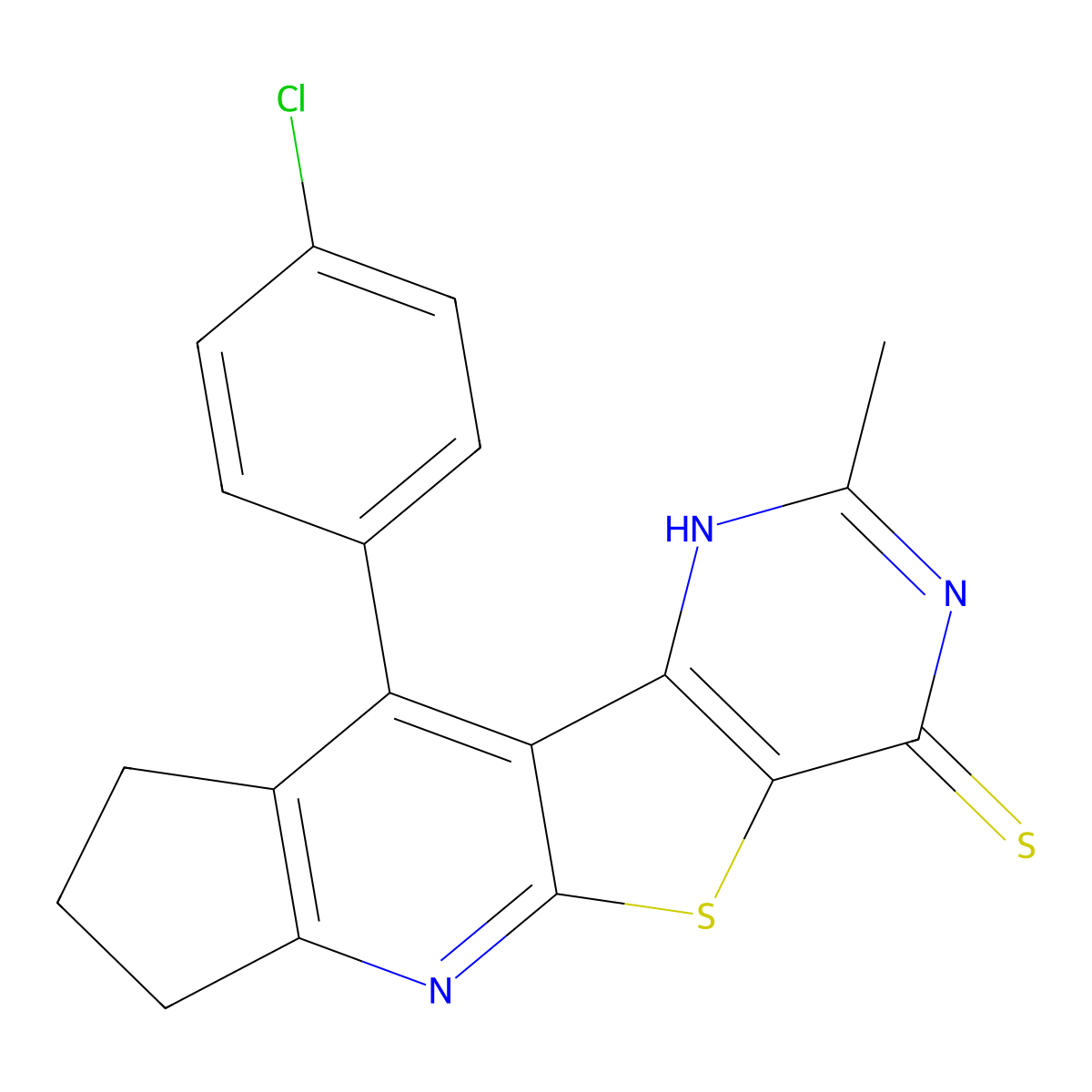 10-(4-chlorophenyl)-2-methyl-8,9-dihydro-3H-cyclopenta[5',6']pyrido[3',2':4,5]thieno[3,2-d]pyrimidine-4(7H)-thione molecular structure, CAS 667886-62-6