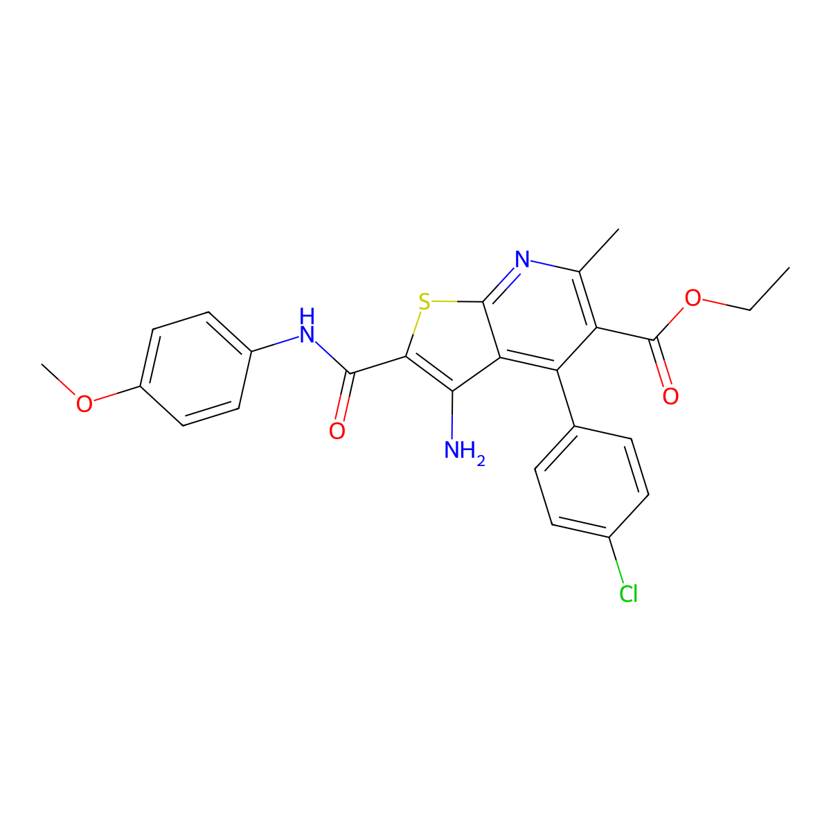 Ethyl 3-amino-4-(4-chlorophenyl)-2-[(4-methoxyphenyl)carbamoyl]-6-methylthieno[2,3-b]pyridine-5-carboxylate molecular structure, CAS 667886-80-8