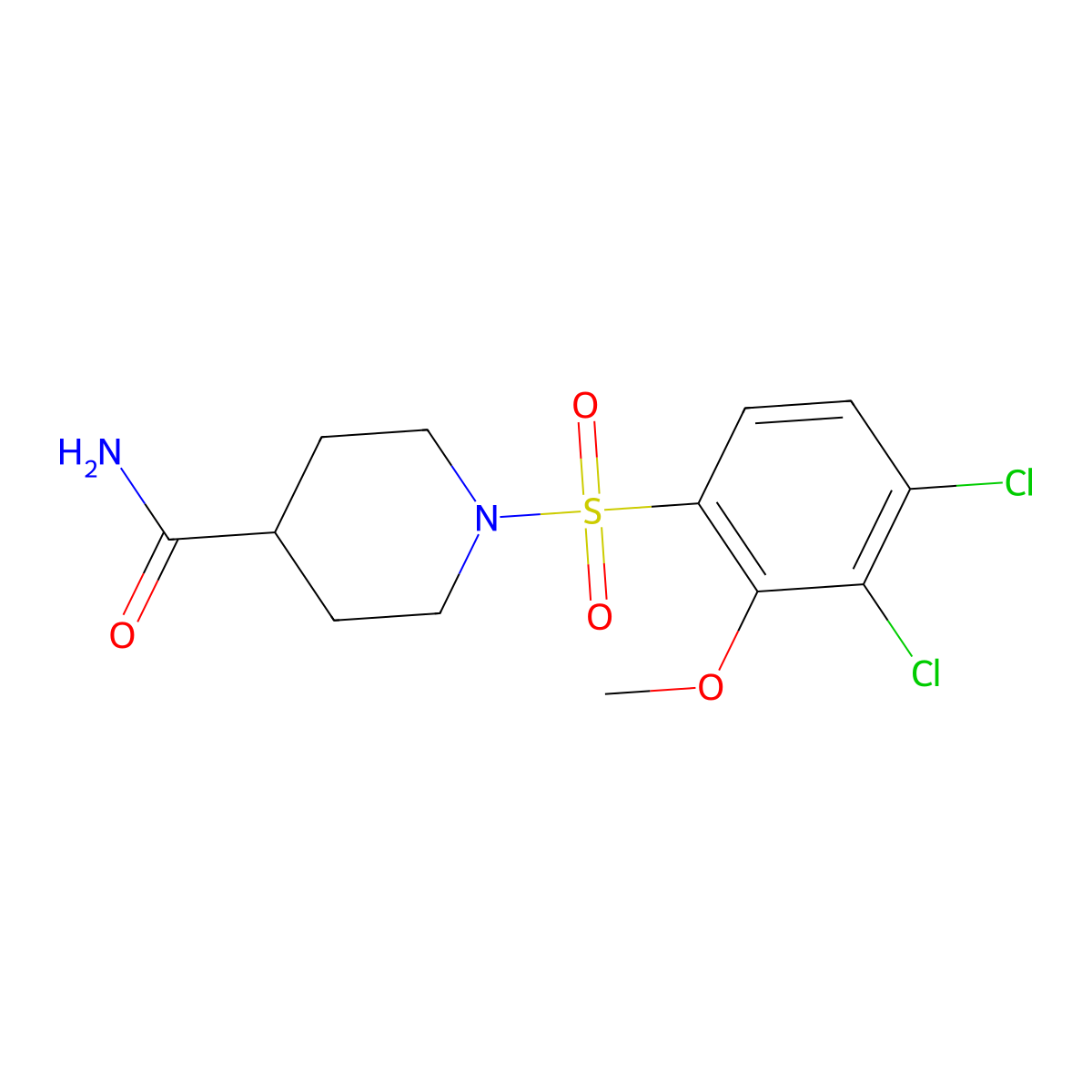 1-(3,4-Dichloro-2-methoxyphenyl)sulfonylpiperidine-4-carboxamide molecular structure, CAS 667892-95-7