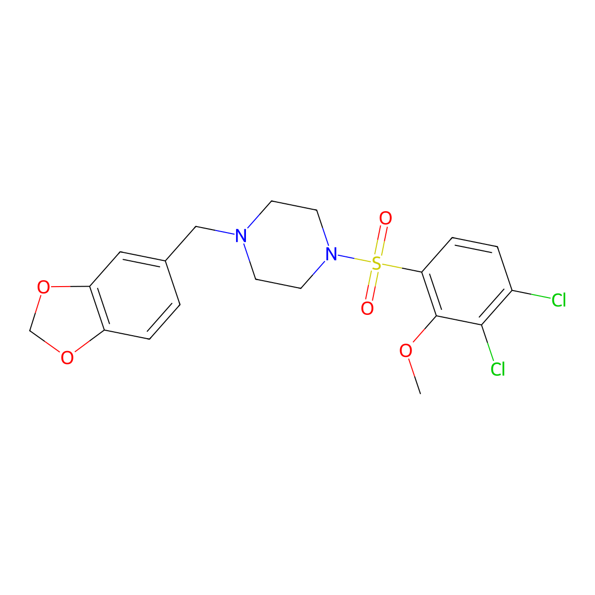 1-(1,3-Benzodioxol-5-ylmethyl)-4-(3,4-dichloro-2-methoxyphenyl)sulfonylpiperazine molecular structure, CAS 667893-14-3